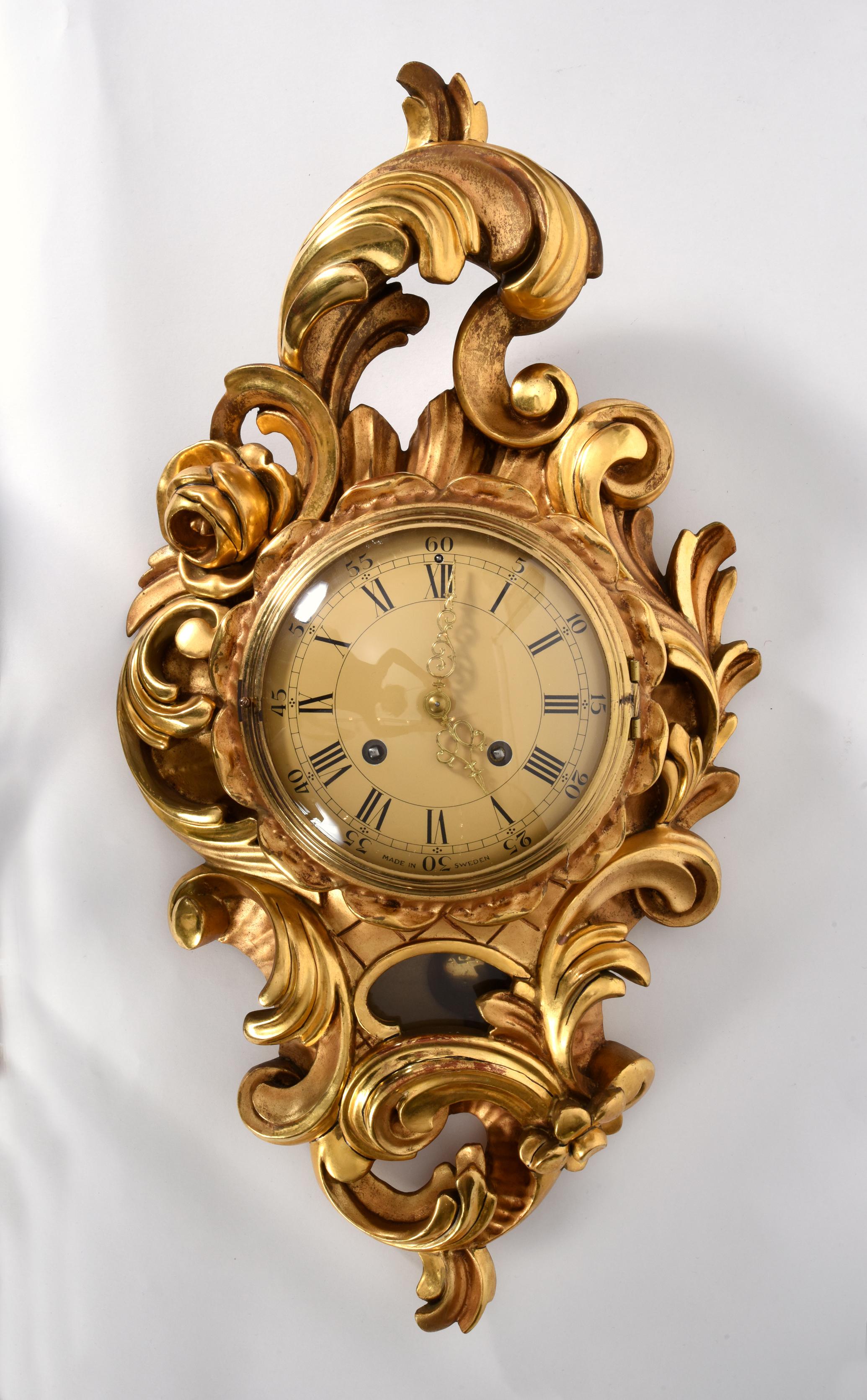 Vintage Gilt Wood Framed Swedish Wall Cartel Clock In Excellent Condition In Tarry Town, NY