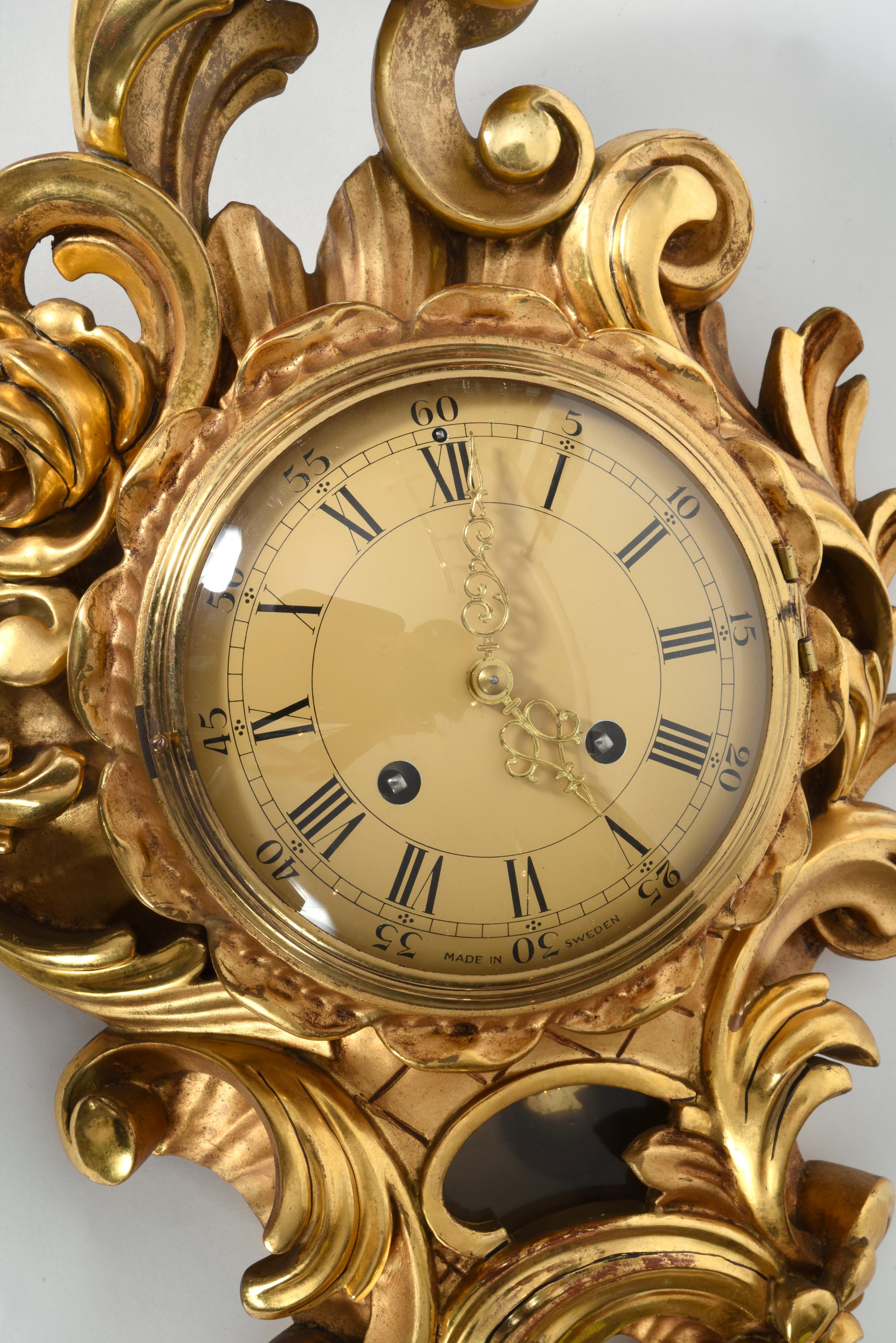 Mid-20th Century Vintage Gilt Wood Framed Swedish Wall Cartel Clock