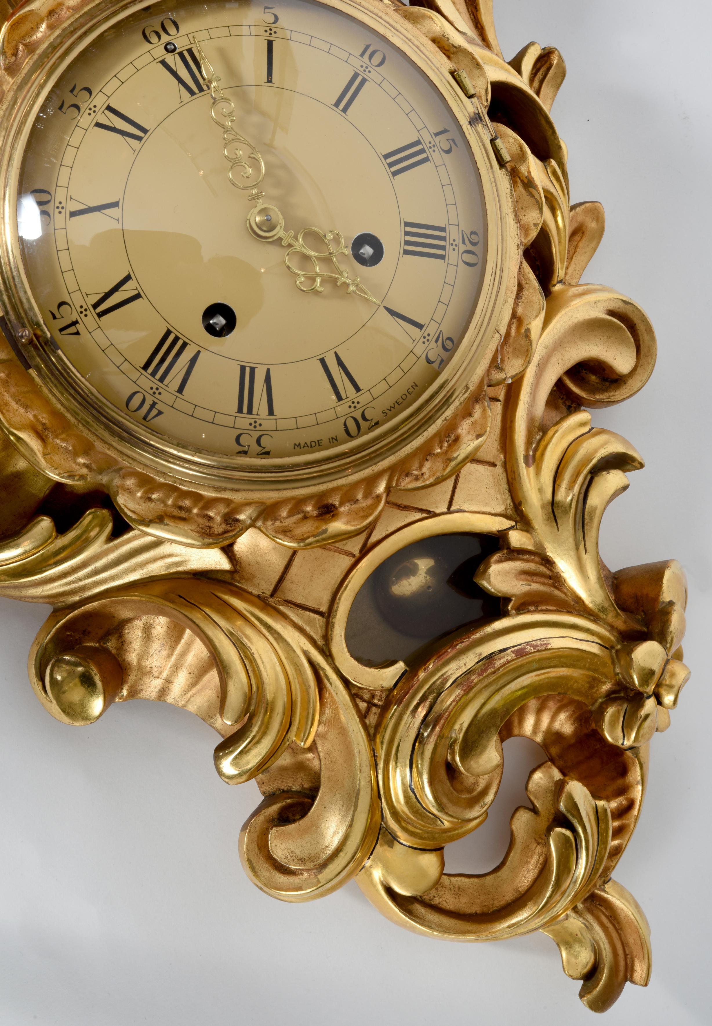 Giltwood Vintage Gilt Wood Framed Swedish Wall Cartel Clock