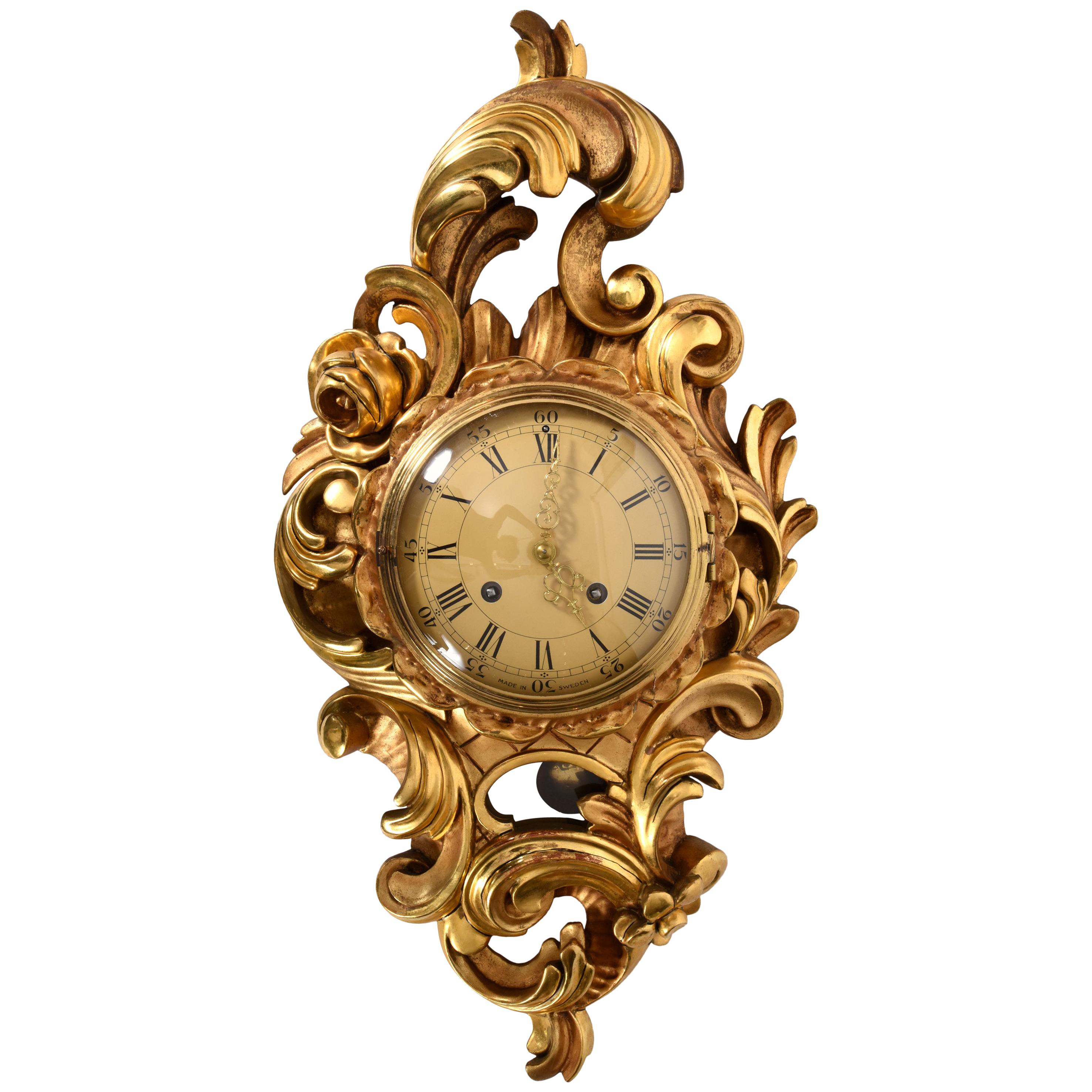 Vintage Gilt Wood Framed Swedish Wall Cartel Clock