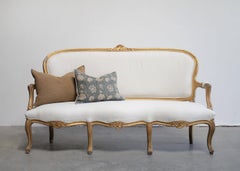 Vintage Giltwood Upholstered Louis XV Style Open Arm Sofa Settee