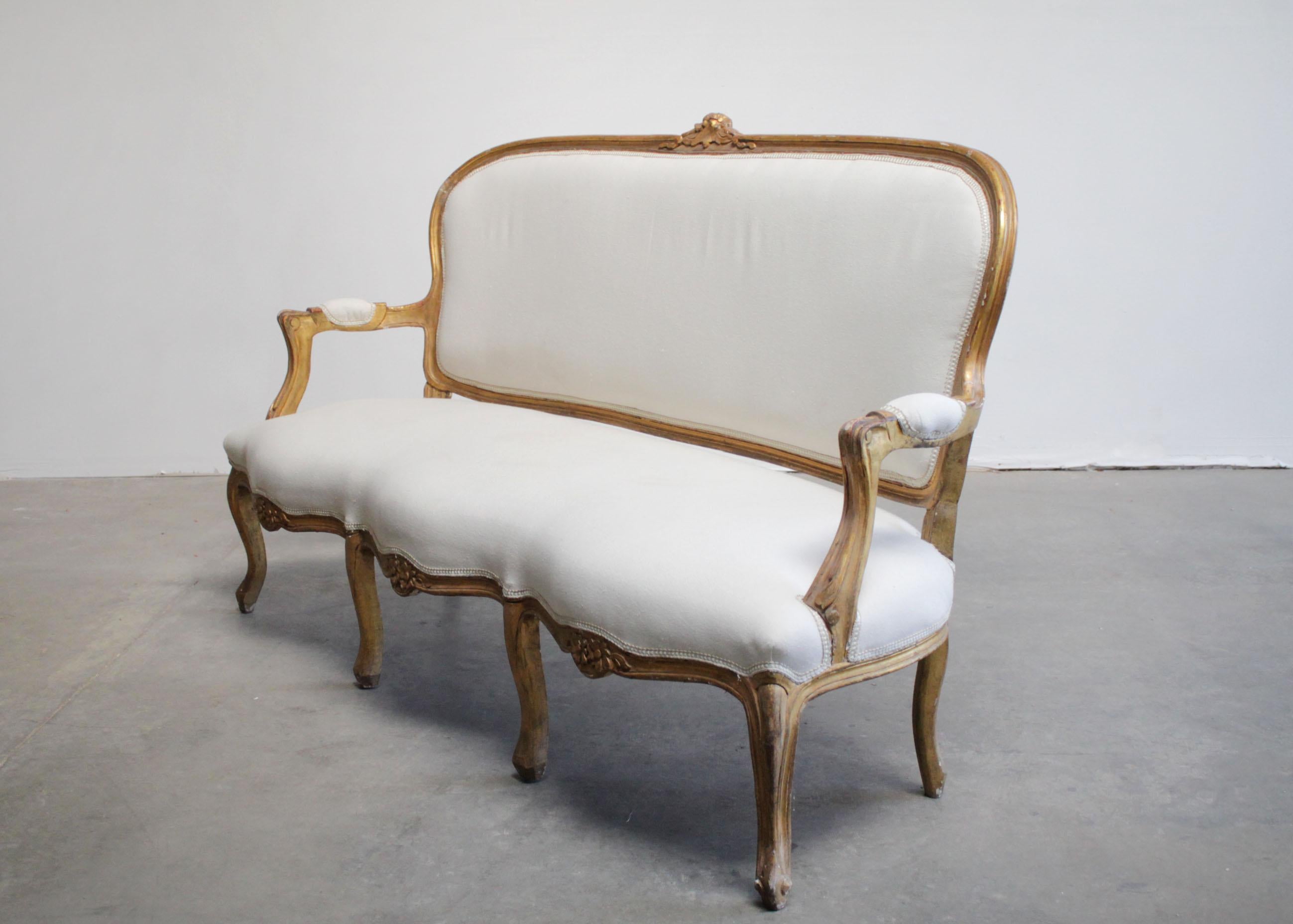 European Vintage Giltwood Upholstered Louis XV Style Open Arm Sofa Settee