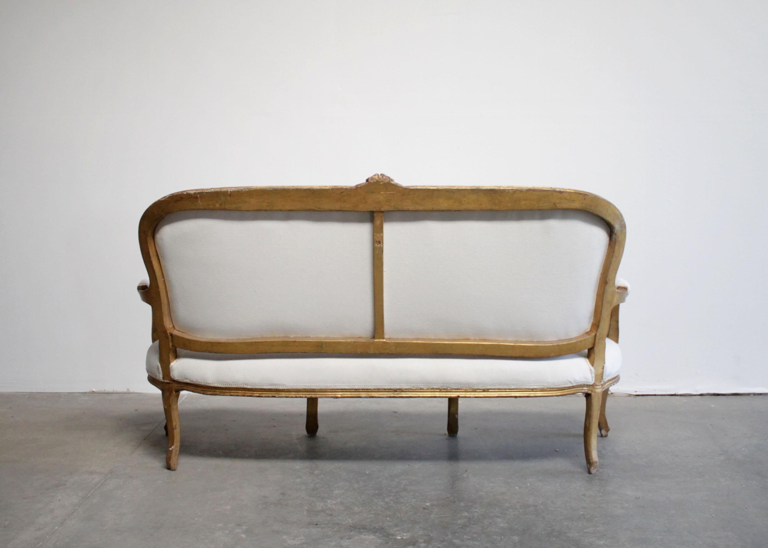 Vintage Giltwood Upholstered Louis XV Style Open Arm Sofa Settee In Good Condition In Brea, CA
