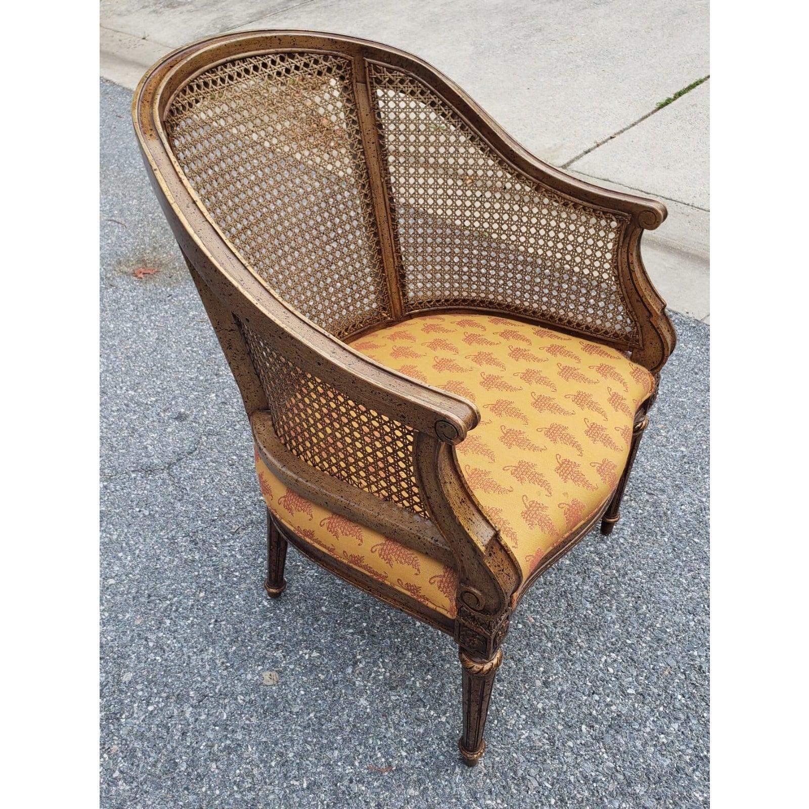 Vintage gilded caning and upholstery chair with woven pattern. Excellent condition. measurements are 23