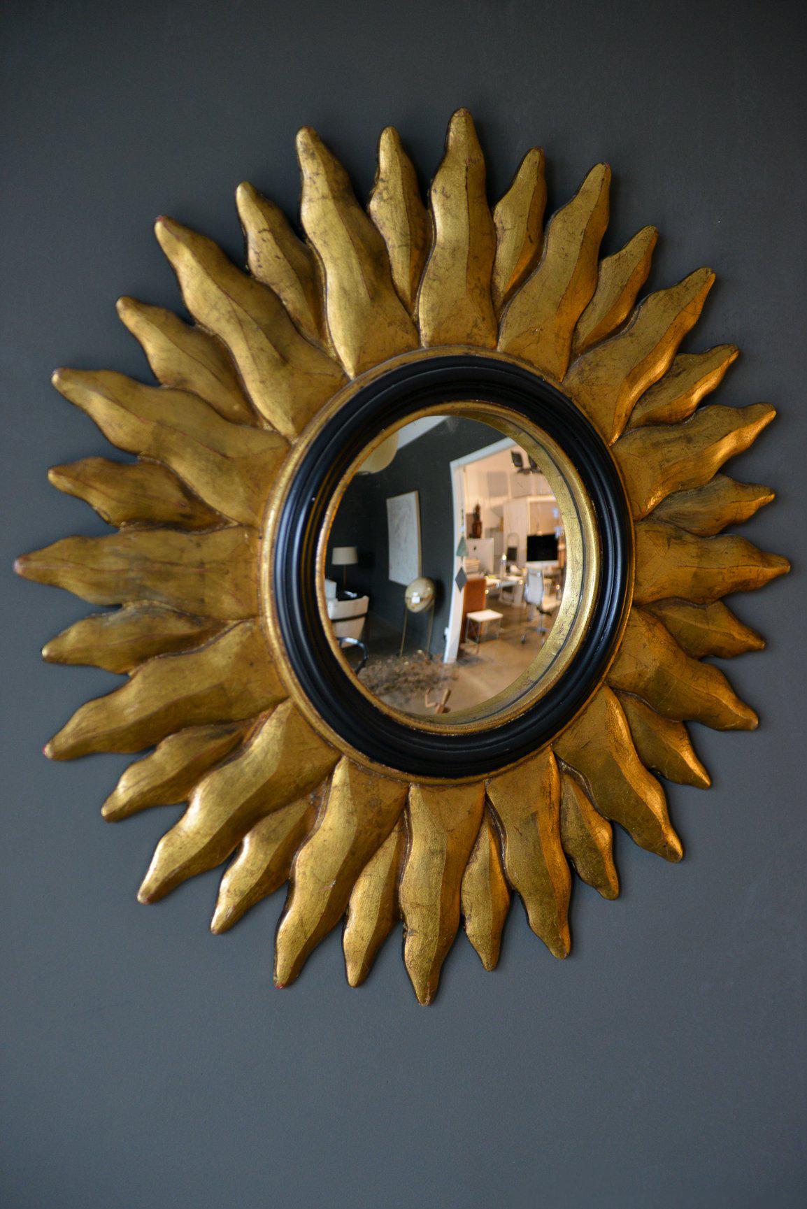 Mid-Century Modern Vintage Giltwood Convex Sunburst Mirror, circa 1970