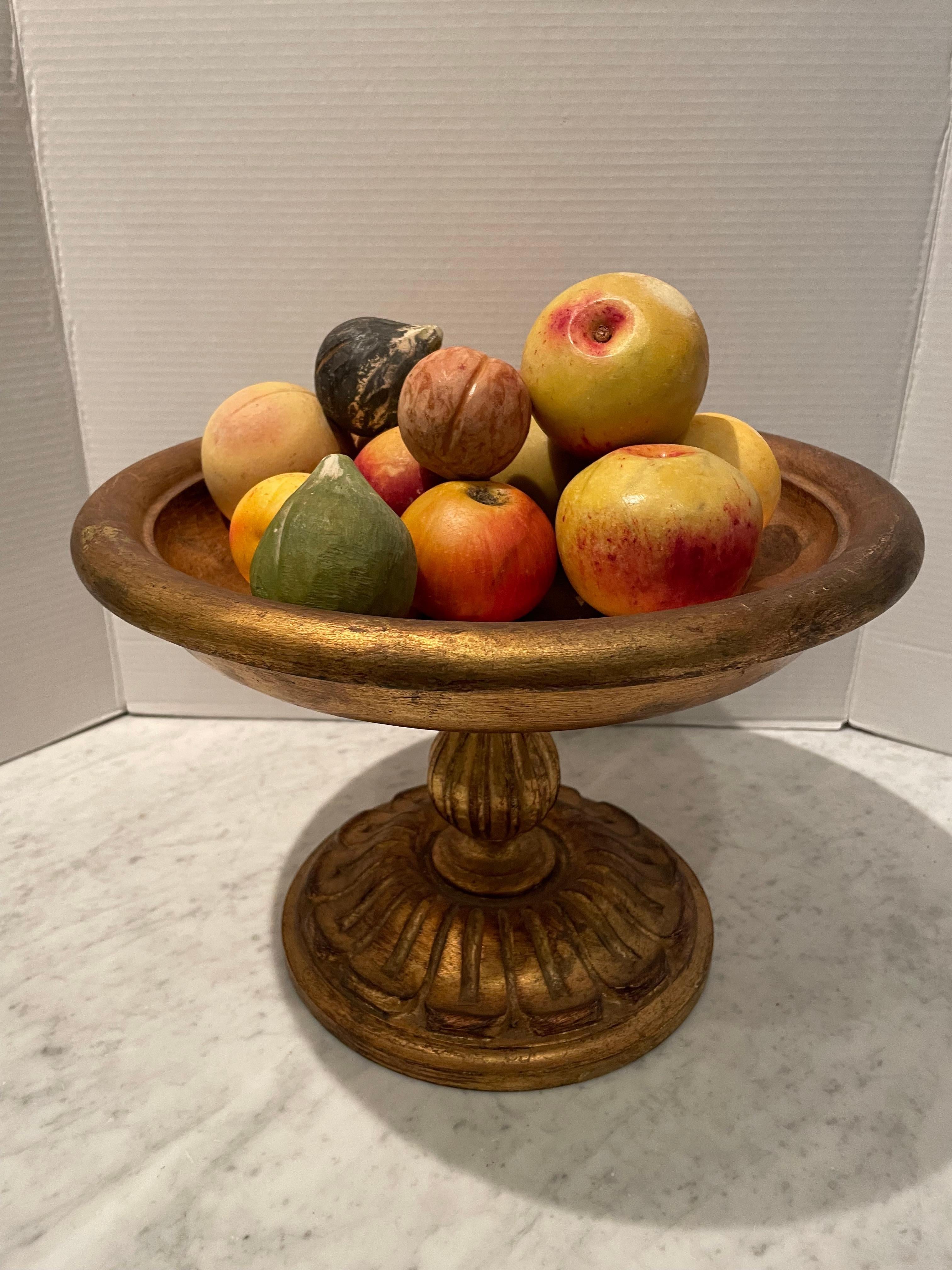 Mid-20th Century Vintage Giltwood Italian Tazza Bowl with Decorative Stone Fruit For Sale