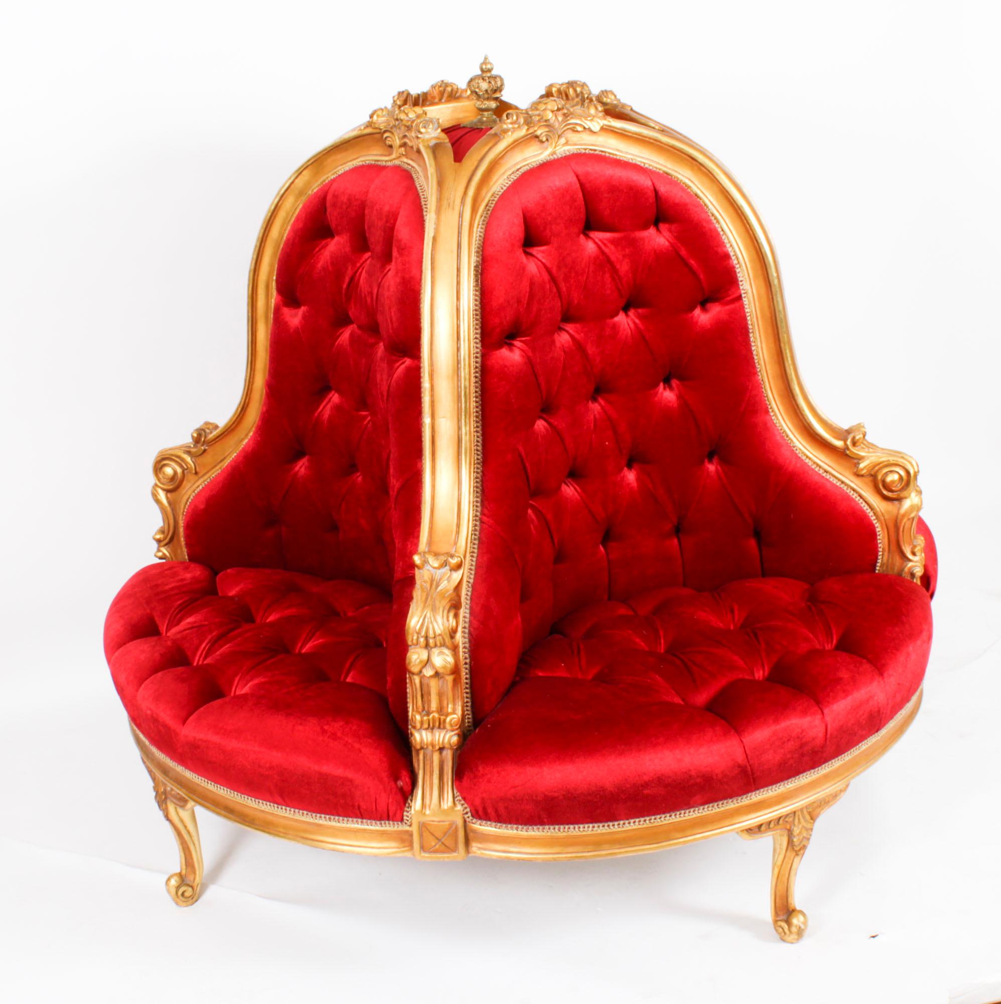 Vergoldetes Love Seat Conversation Settee aus Holz, Mitte des 20. Jahrhunderts im Angebot 12