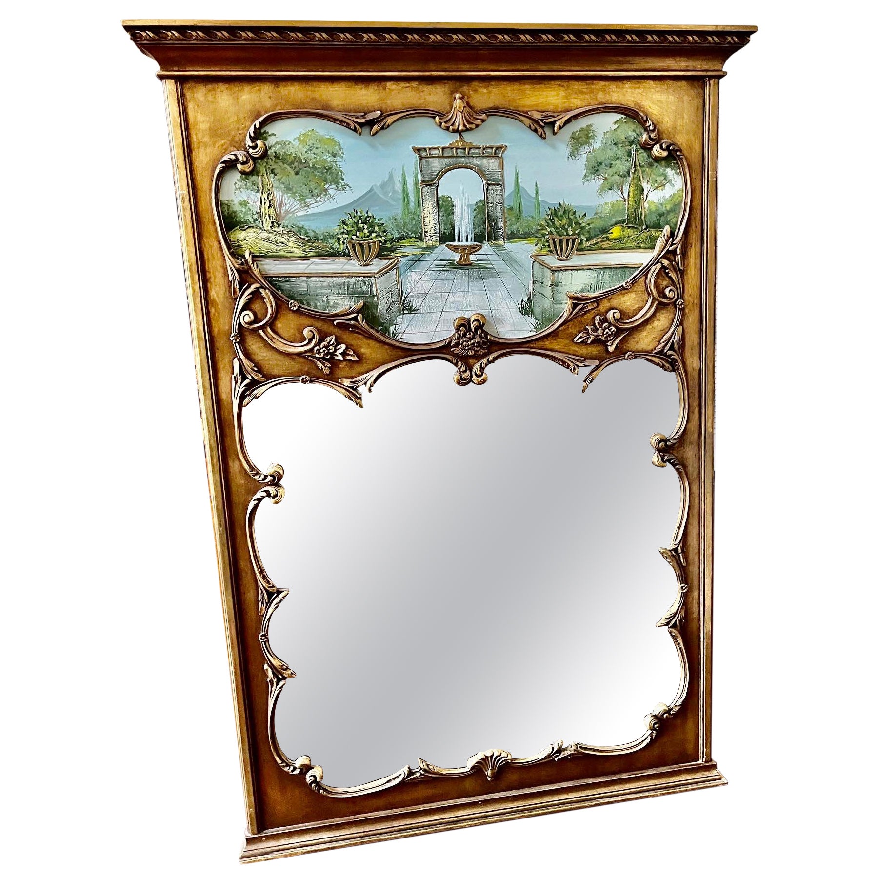 Specchio Trumeau d'epoca in legno d'orato con pittura strutturata in vendita