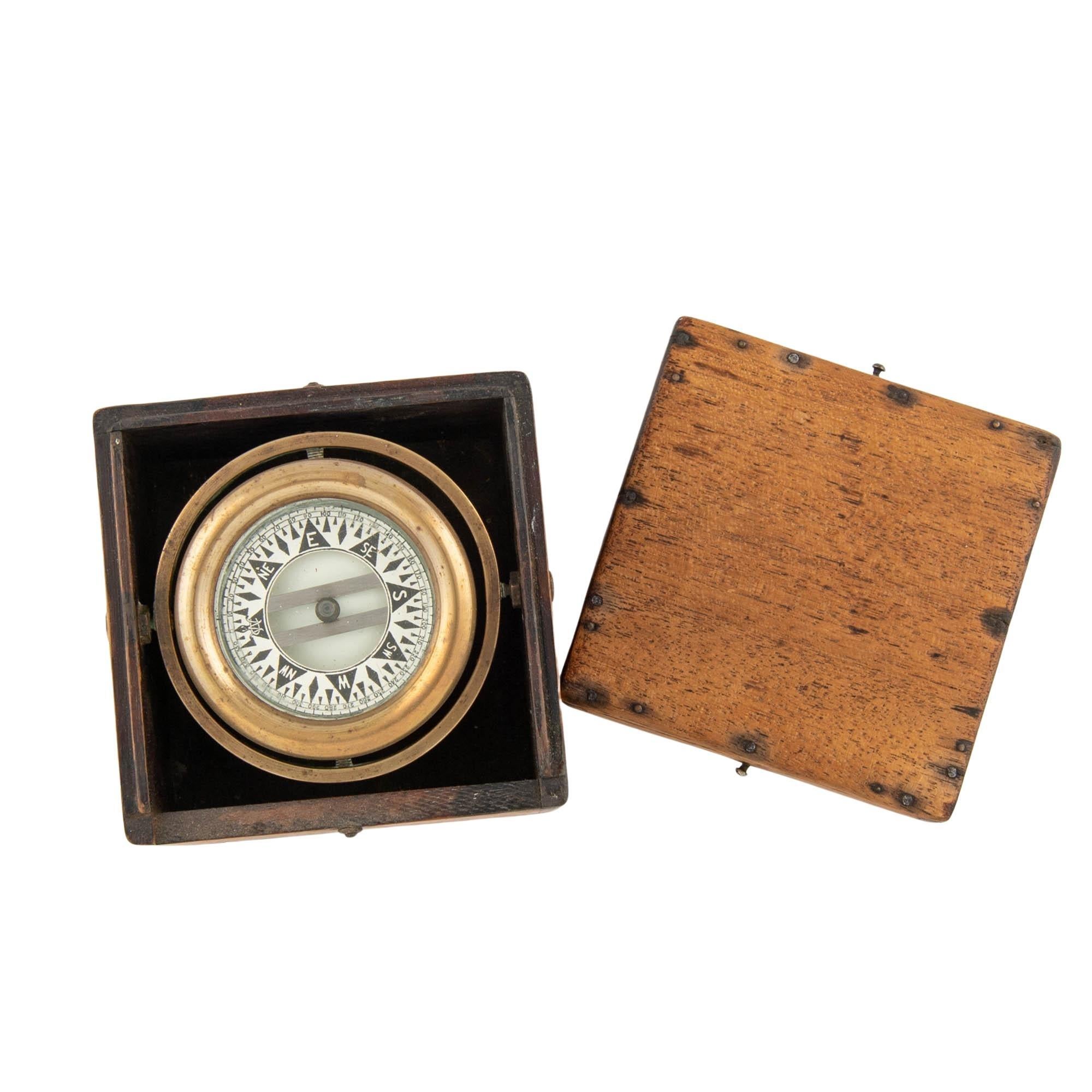 Presented is a Victorian-era gimballed compass by Wilcox, Crittenden & Co. of Middletown, Connecticut. The brass compass is beautifully constructed and fitted in its original wooden lidded box. The compass is mounted on a 360-degree brass gimbal