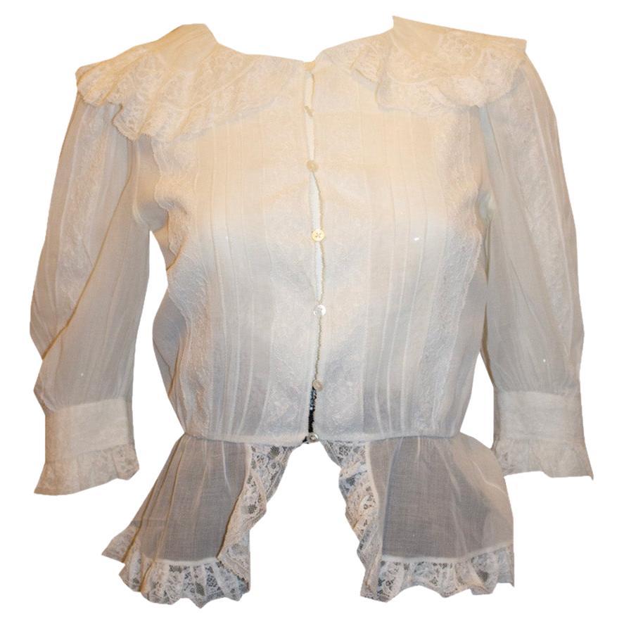Vintage Gina Fratini White Blouse with Lace and Peplum Detail