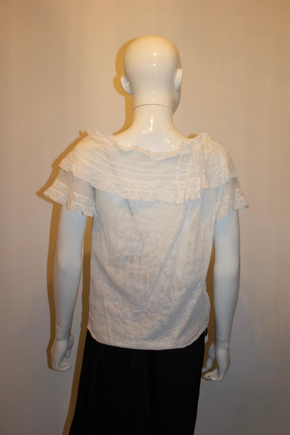 Brown Vintage Gina Fratini White Cotton Top with Lace Detail For Sale