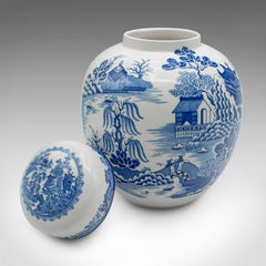 Vintage Ginger Jar, English, Ceramic, Decorative Spice Urn, Blue and White, 1970