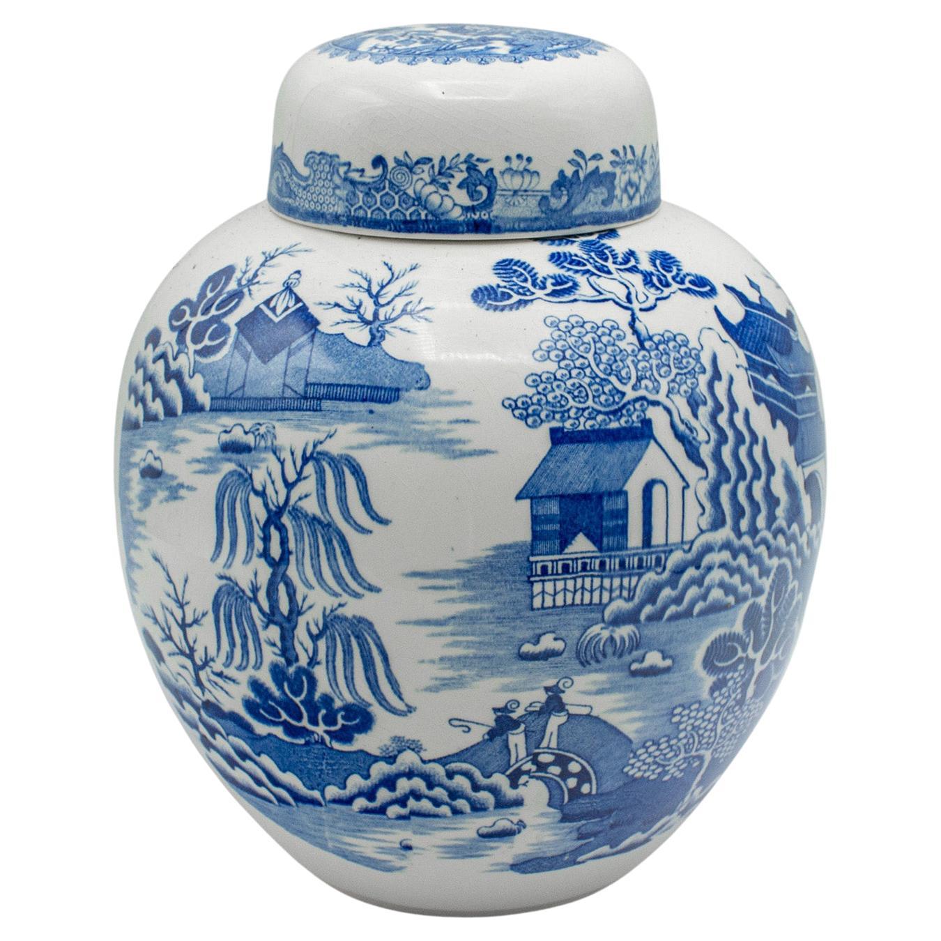 Vintage Ginger Jar, English, Ceramic, Decorative Spice Urn, Blue and White, 1970 For Sale