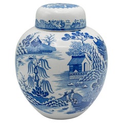 Vintage Ginger Jar, English, Ceramic, Decorative Spice Urn, Blue and White, 1970