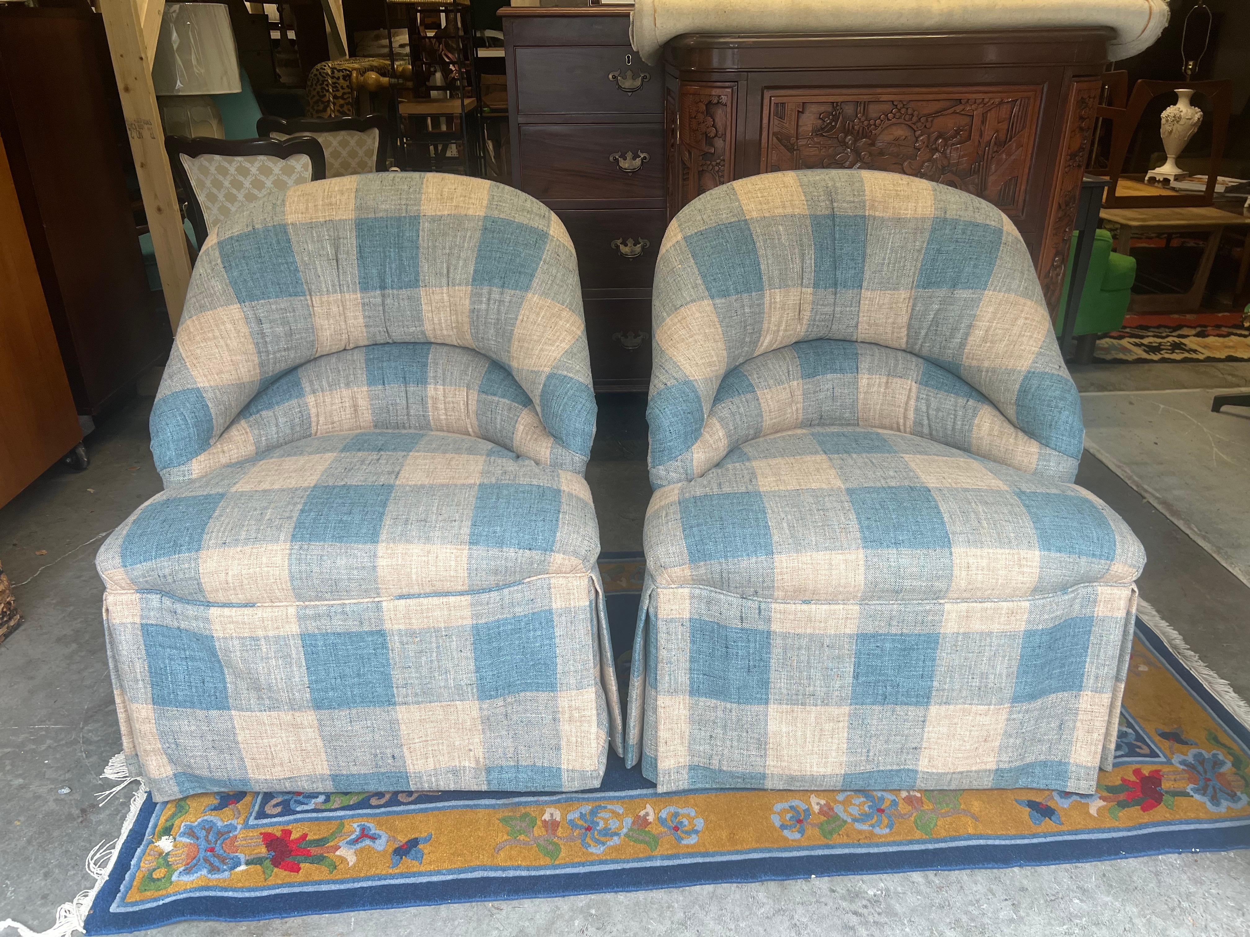 French Napolean III 'crapaud' style chairs. Crapaud chairs sit low to the ground and are perfectly sized for use an accent chairs in a bedroom or living room. Beautiful curved lines and extremely comfortable thanks to built-in support across the