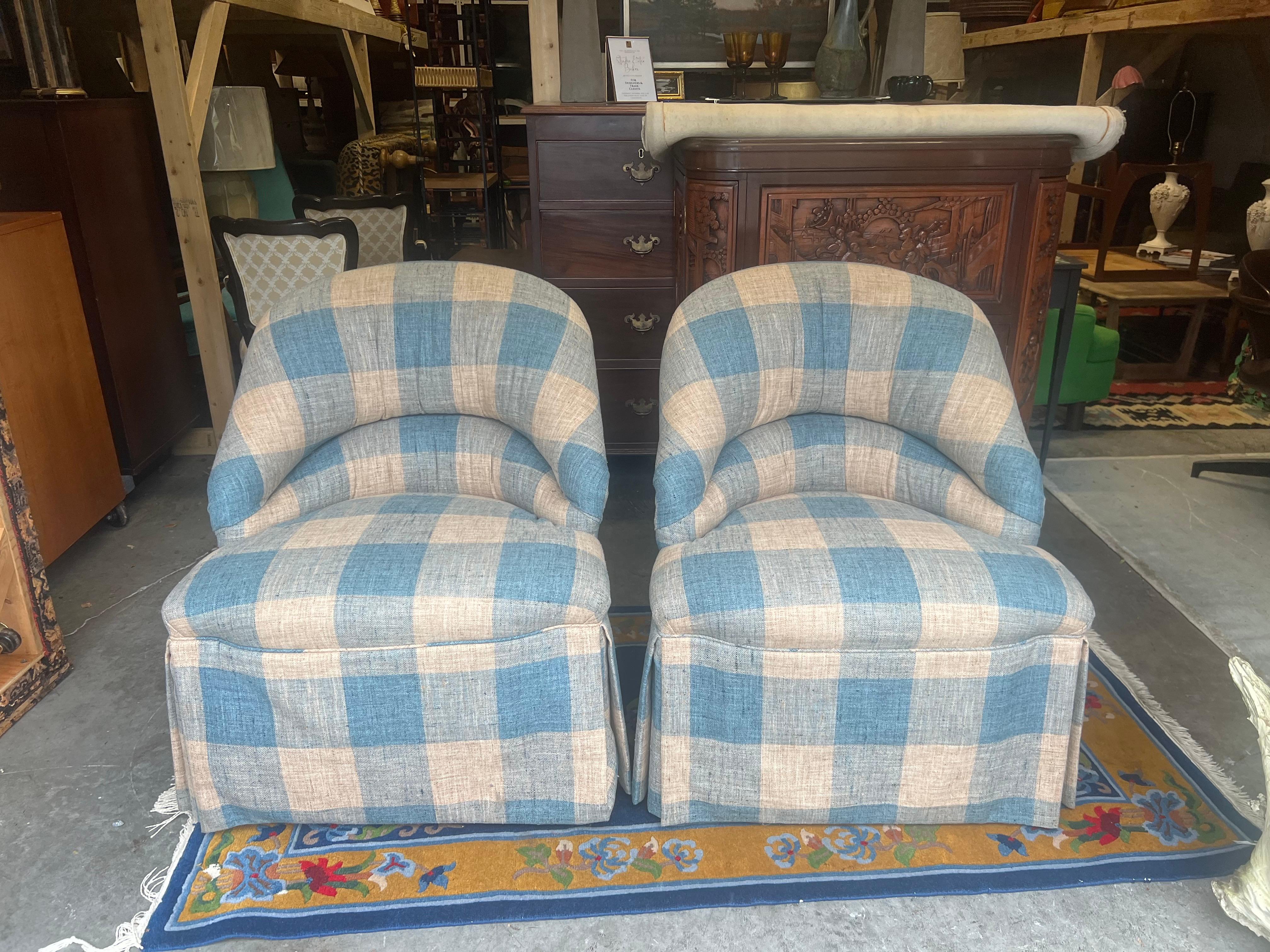 French Provincial Vintage Gingham Napoleon III Style Armchairs - a Pair
