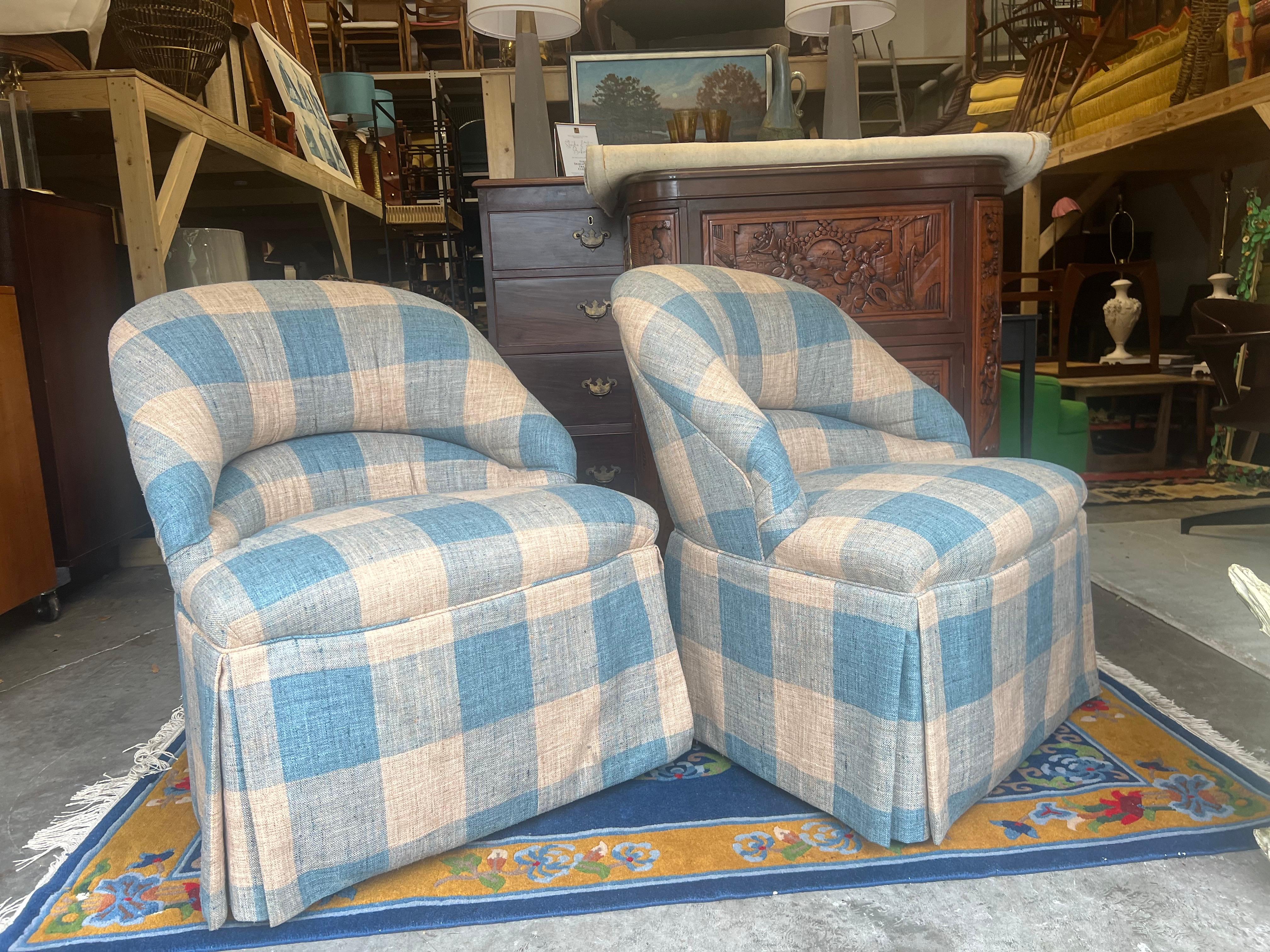 French Vintage Gingham Napoleon III Style Armchairs - a Pair