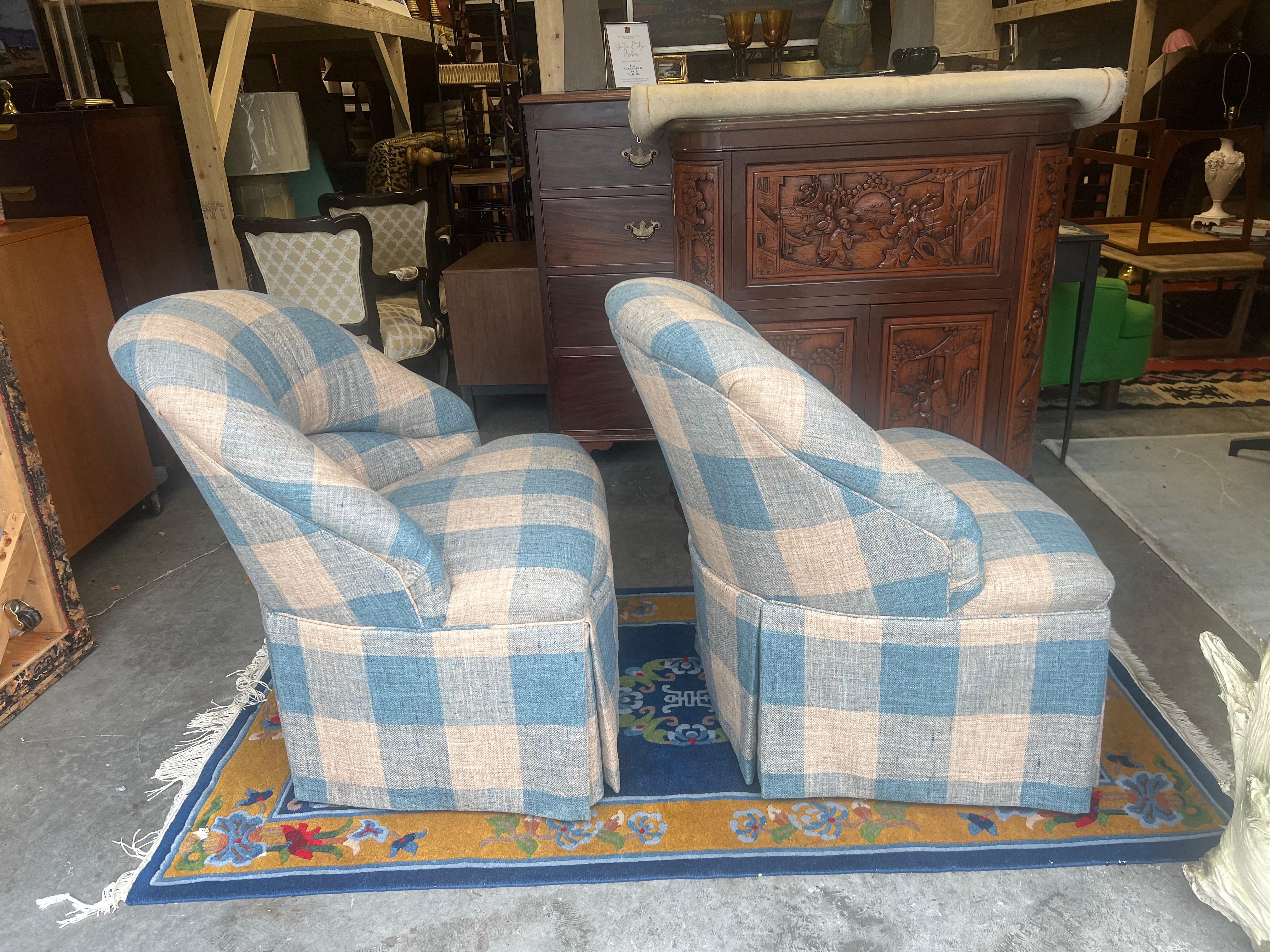 20th Century Vintage Gingham Napoleon III Style Armchairs - a Pair
