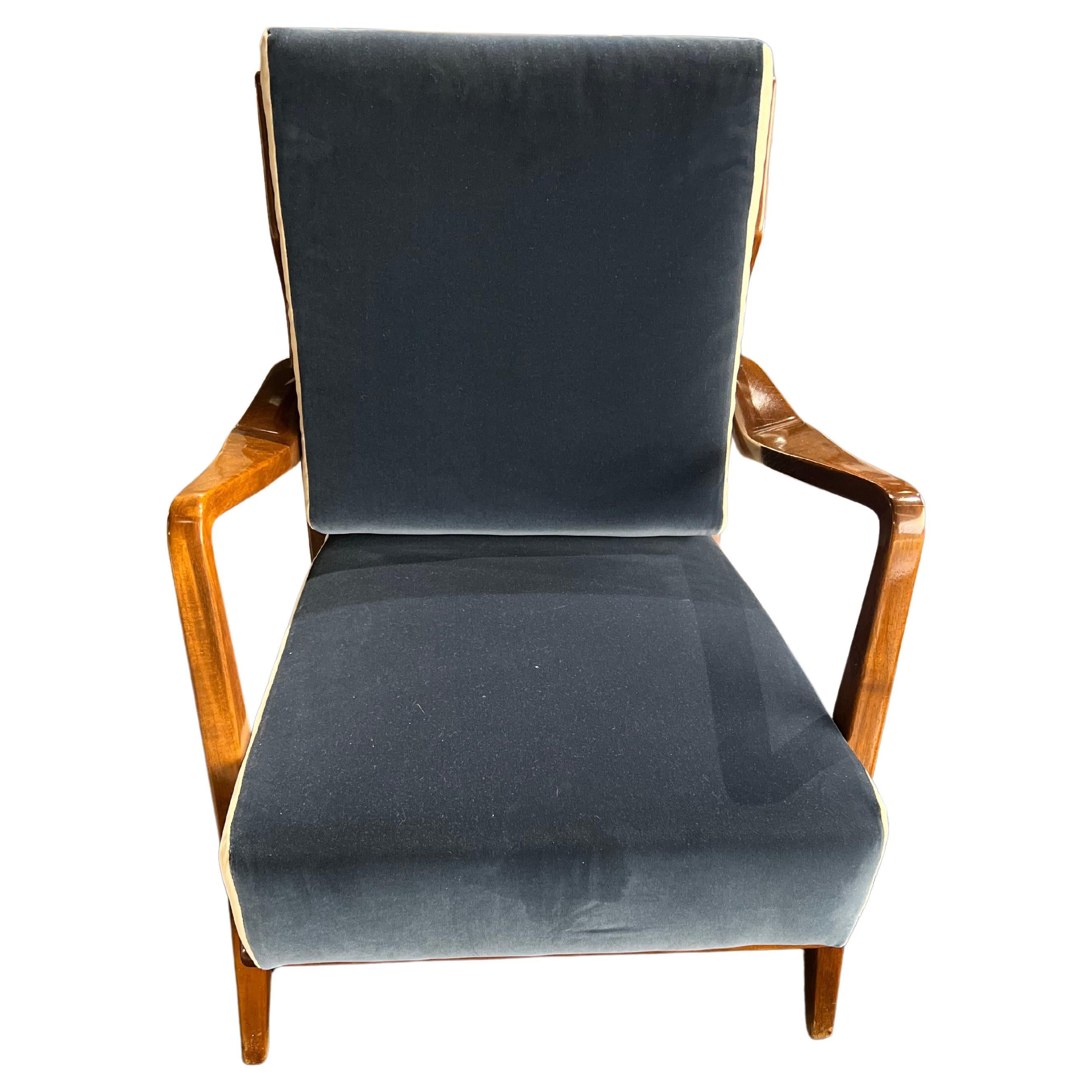 Vintage Gio Ponti Armchair, Navy Blue, Velvet/ Wood, Italy 20th Century For Sale