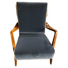 Vintage Gio Ponti Armchair, Navy Blue, Velvet/ Wood, Italy 20th Century
