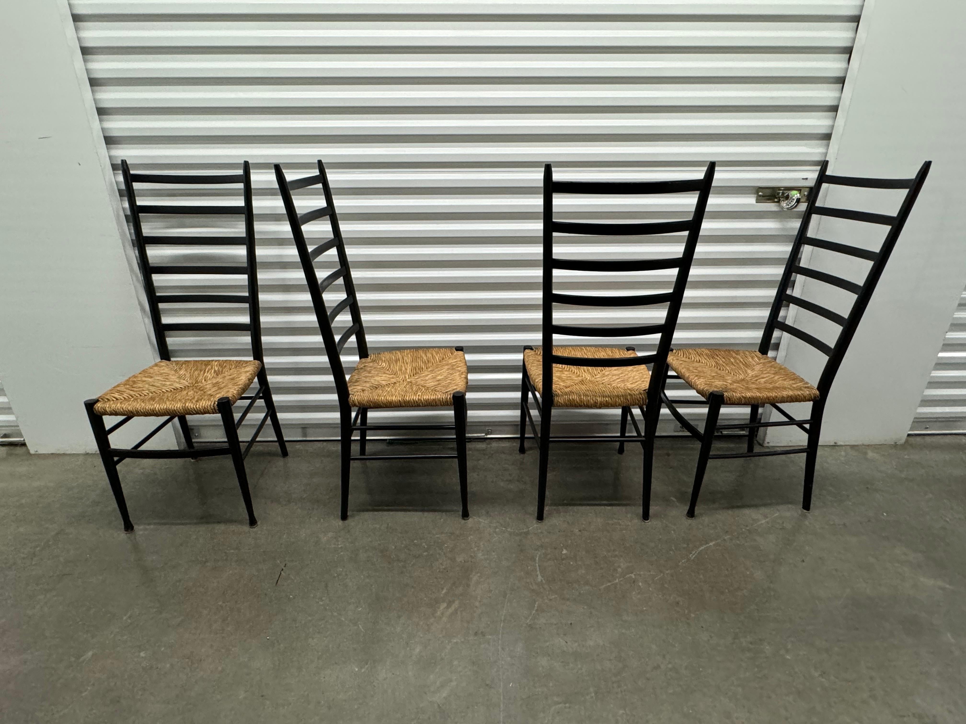 Vintage Gio Ponti Style Black Ladder Back Dining Chairs With Rush Seating 10