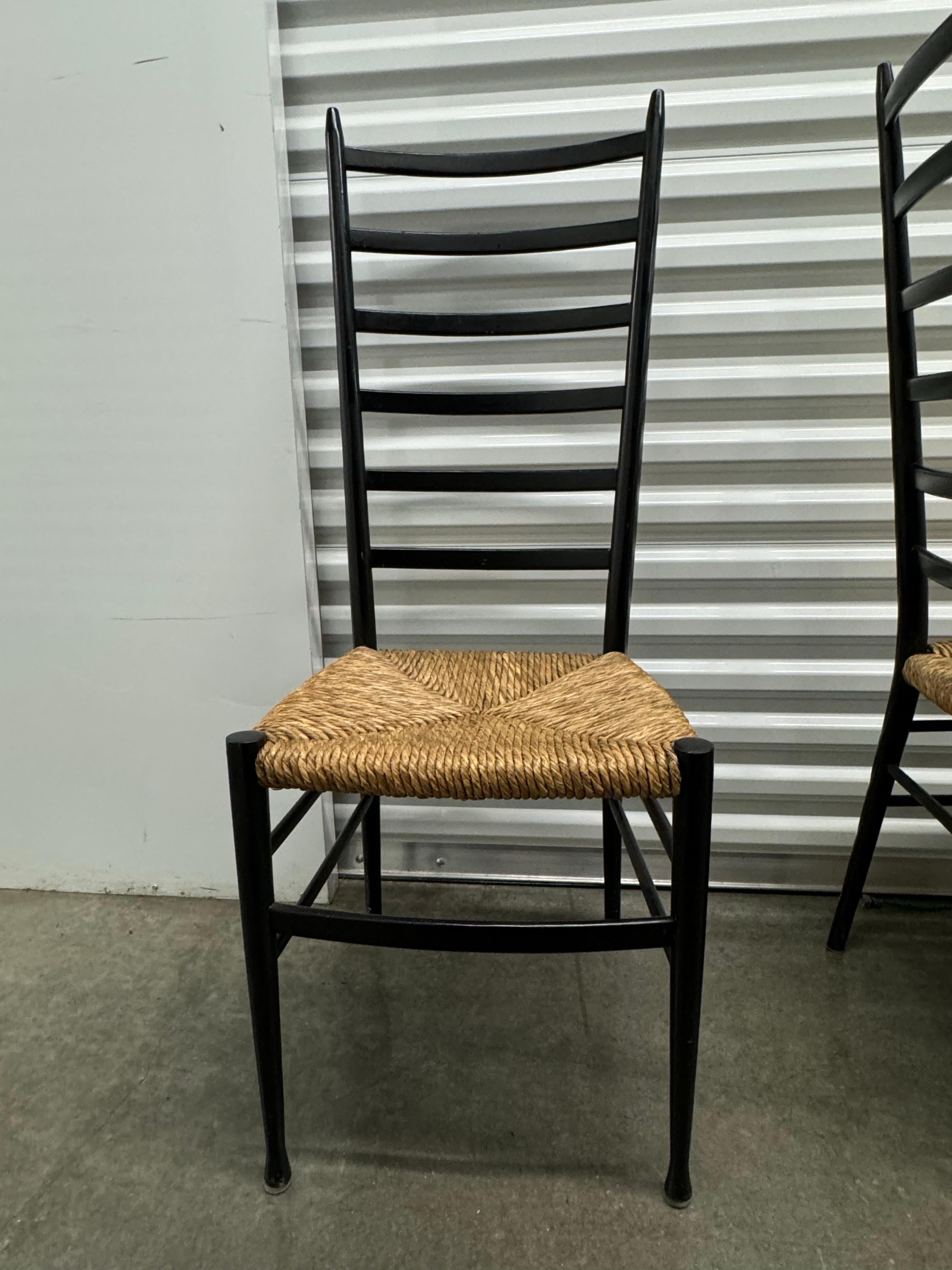 Mid-Century Modern Vintage Gio Ponti Style Black Ladder Back Dining Chairs With Rush Seating