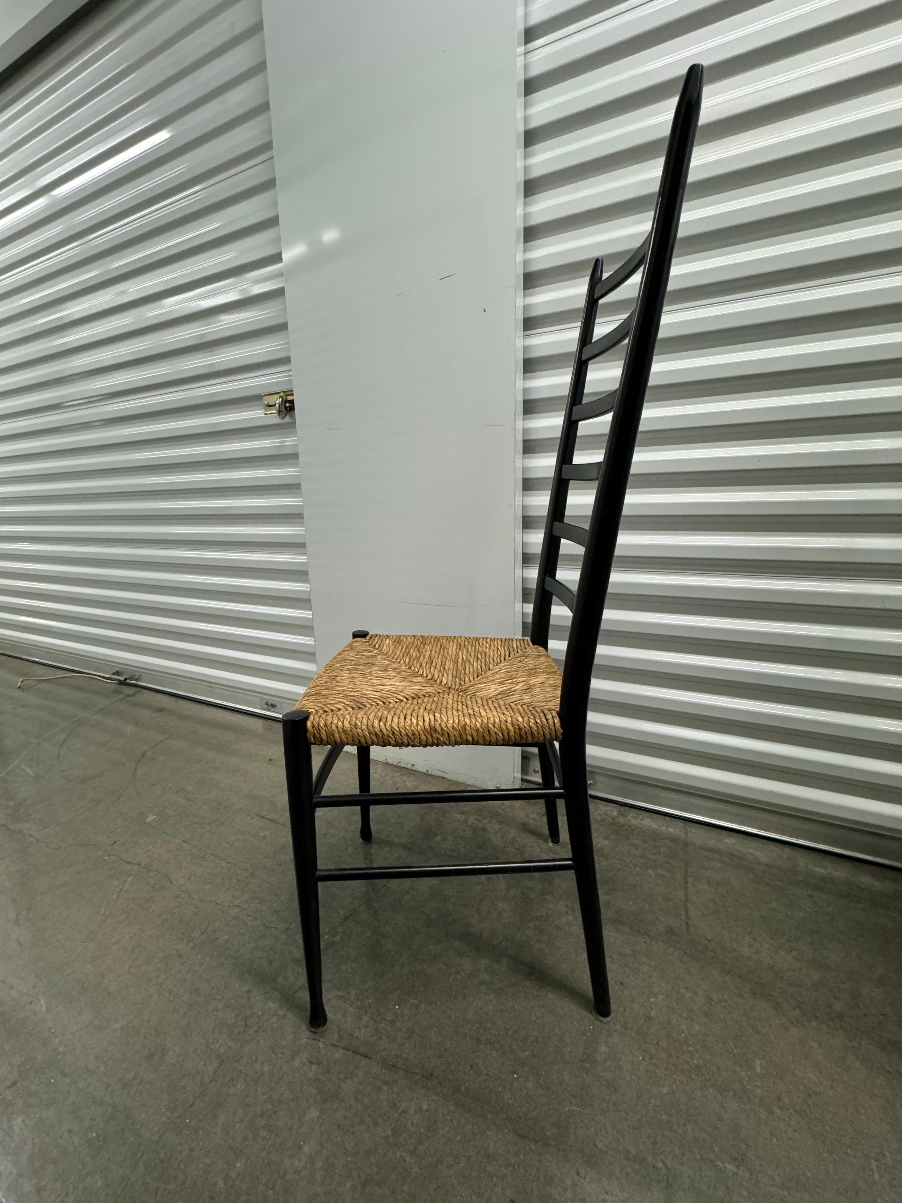 Italian Vintage Gio Ponti Style Black Ladder Back Dining Chairs With Rush Seating