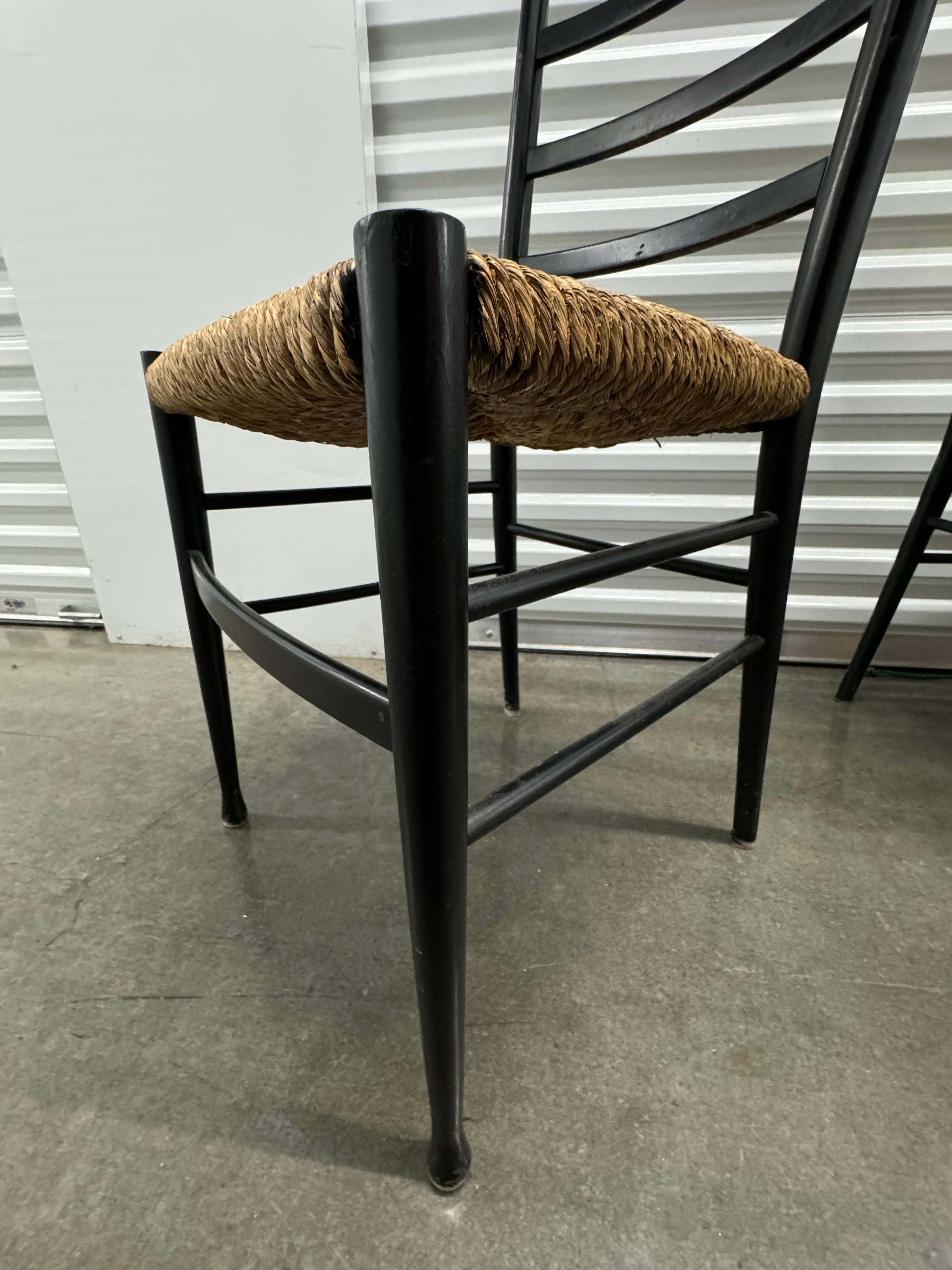 Vintage Gio Ponti Style Black Ladder Back Dining Chairs With Rush Seating 2