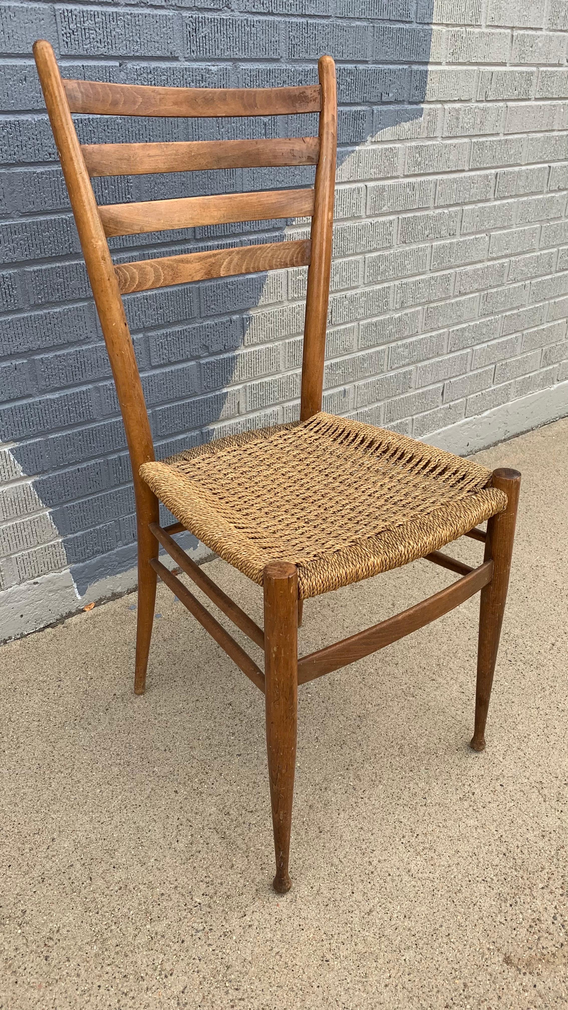 Vintage Gio Ponti Style Italian Ladder-Back Side Chair with Rush