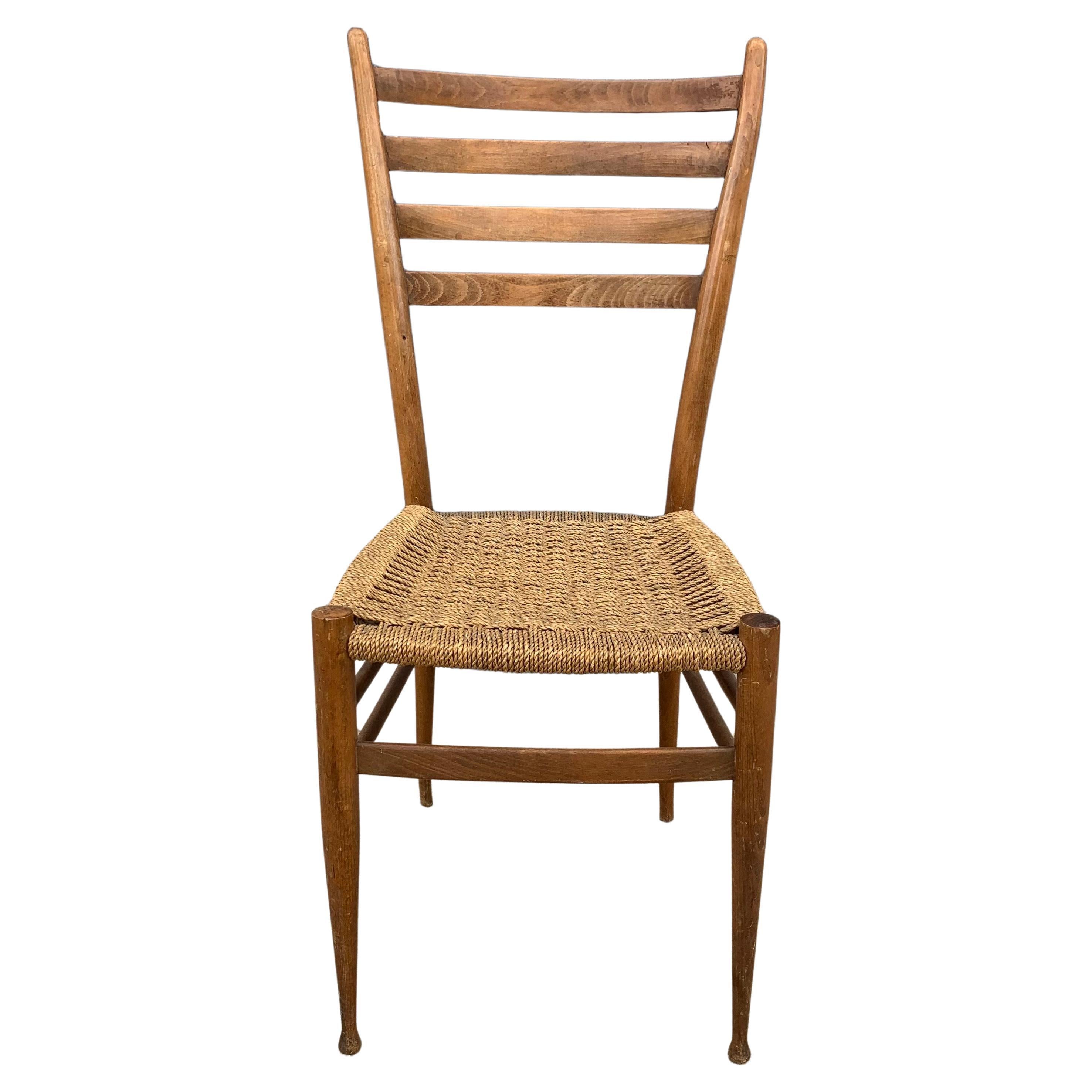 Vintage Gio Ponti Style Italian Ladder-Back Side Chair with Rush Seat, 1950s