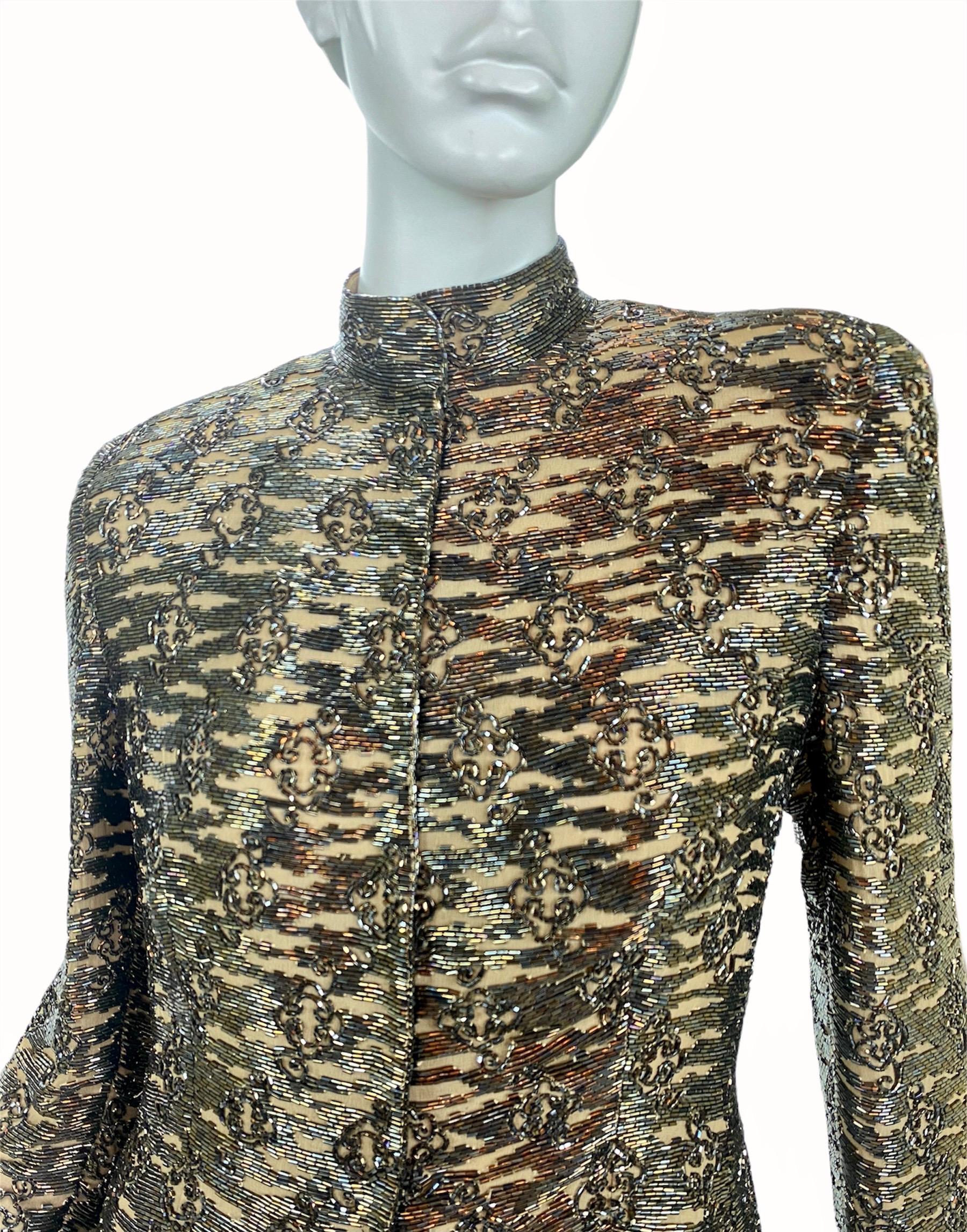 Vintage Giorgio Armani Fully Beaded Evening Blazer Jacket
Size Tag Missing ( approx. size 44 - US 8 ) - Please Check Measurements
Very Classy and Exquisite, Fully Beaded Over the Nude Background. Fully Lined in Beige Silk, Padded Shoulders, Front