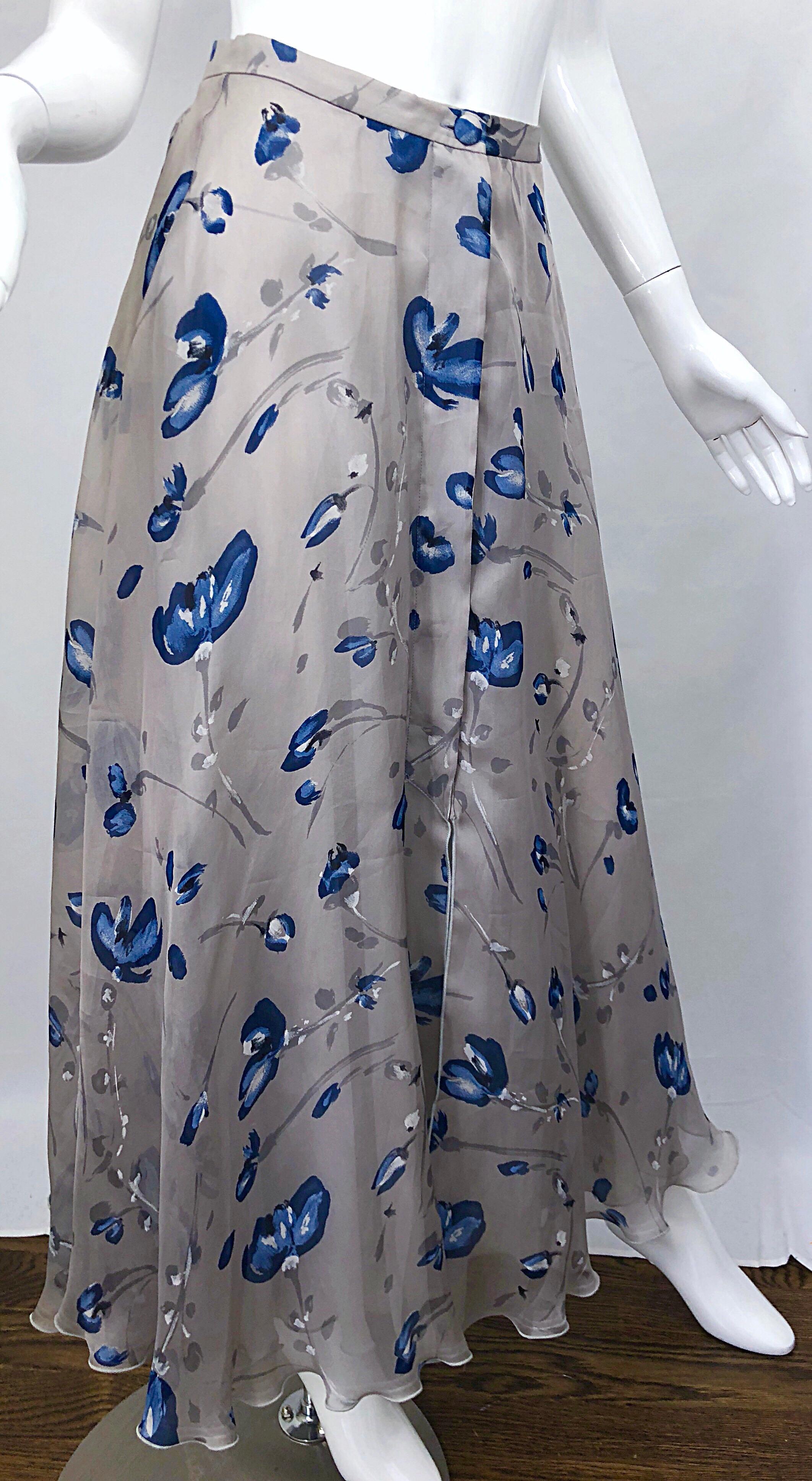 Vintage Giorgio Armani Light Grey + Blue Watercolor Flowers Silk Maxi Skirt For Sale 2