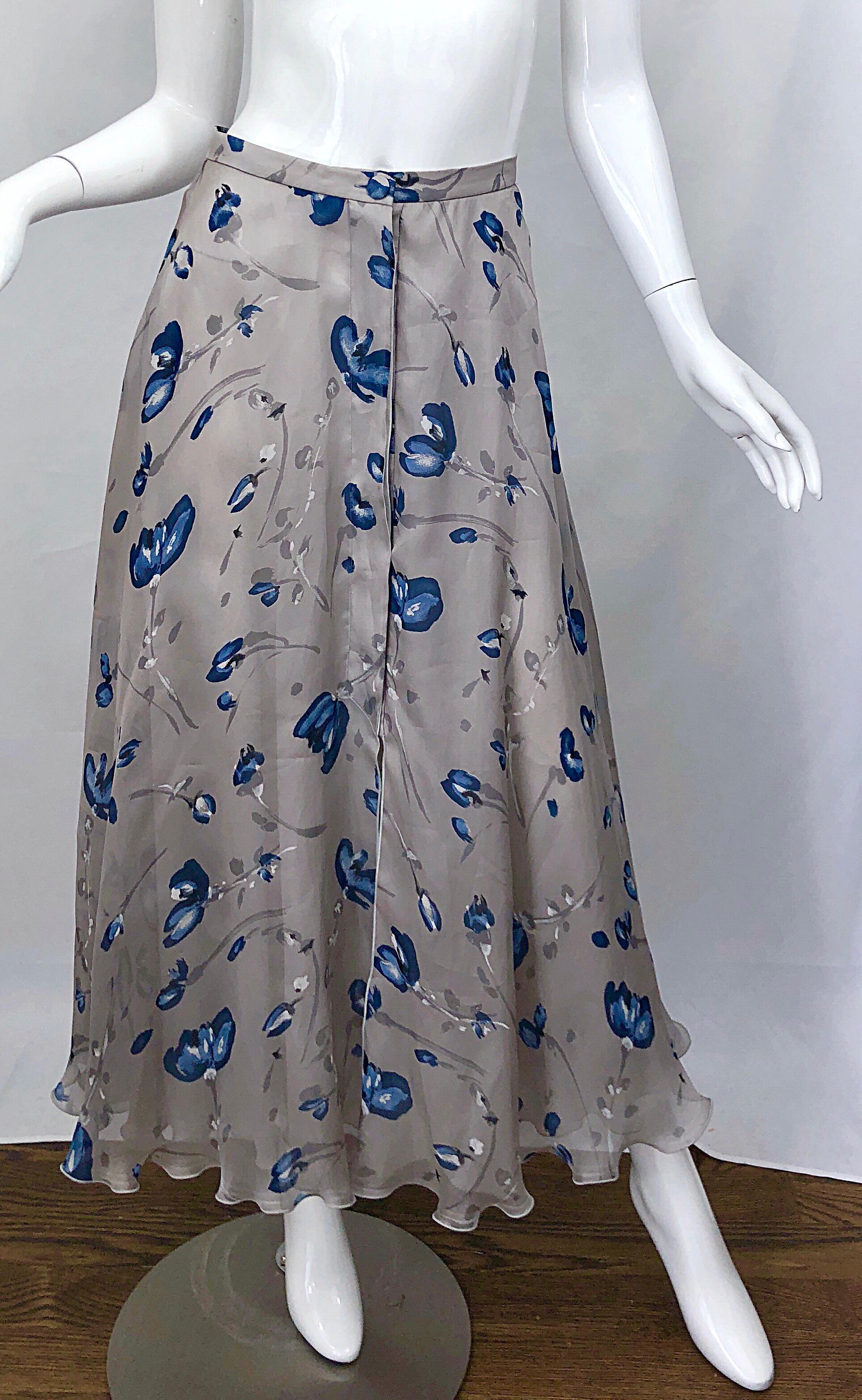 Vintage Giorgio Armani Light Grey + Blue Watercolor Flowers Silk Maxi Skirt For Sale 3