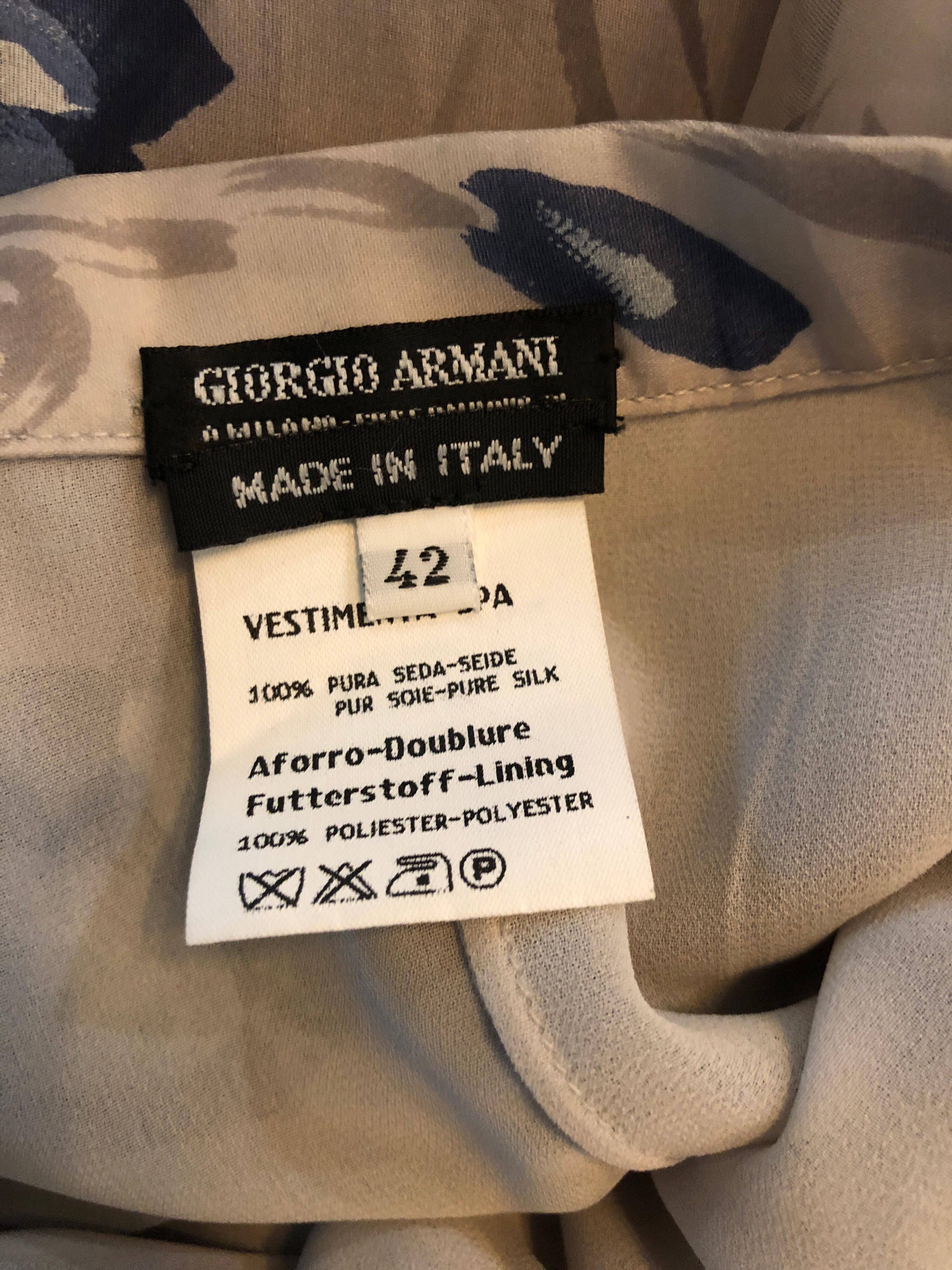 Vintage Giorgio Armani Light Grey + Blue Watercolor Flowers Silk Maxi Skirt For Sale 4