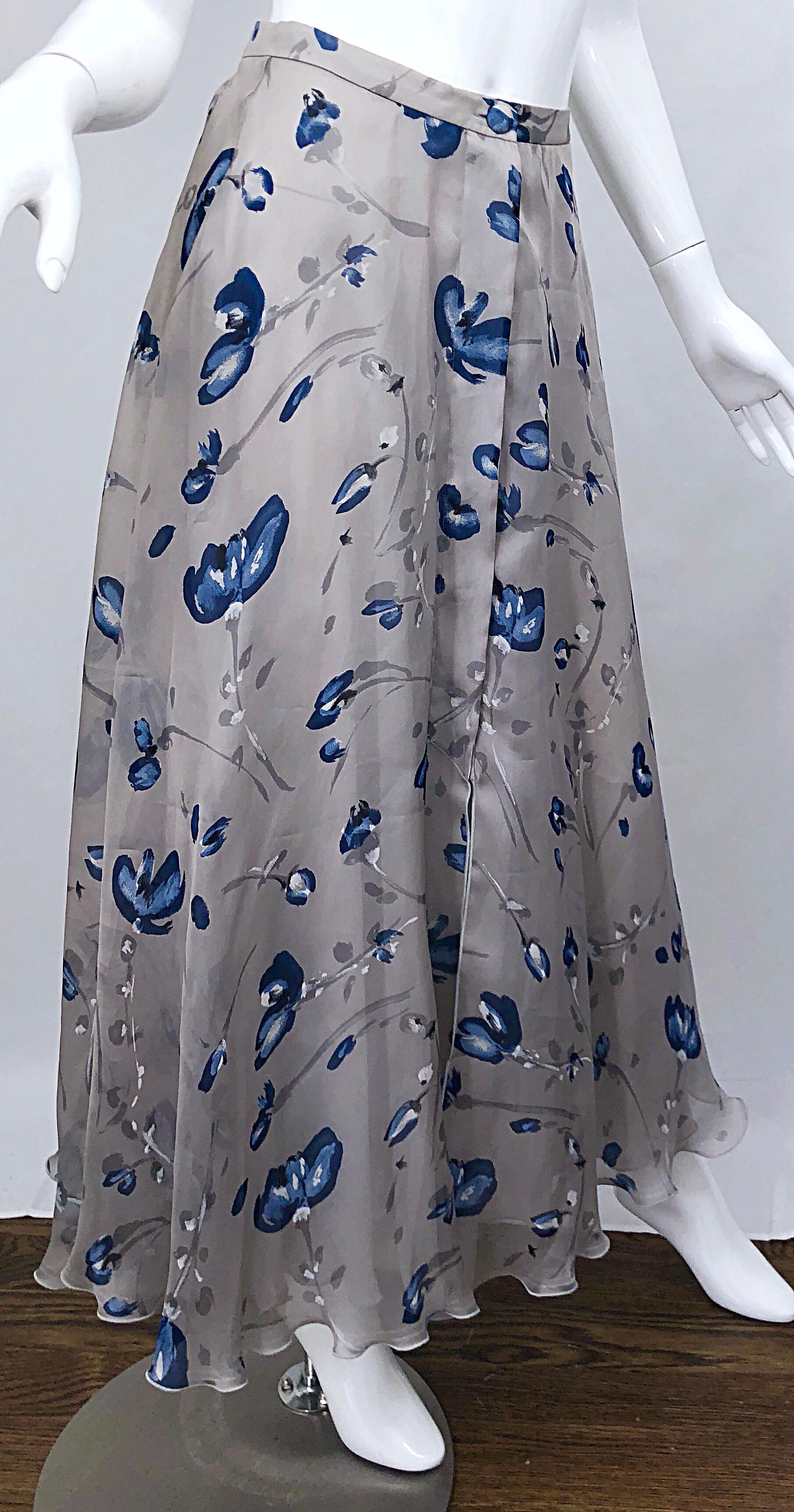 Gray Vintage Giorgio Armani Light Grey + Blue Watercolor Flowers Silk Maxi Skirt For Sale