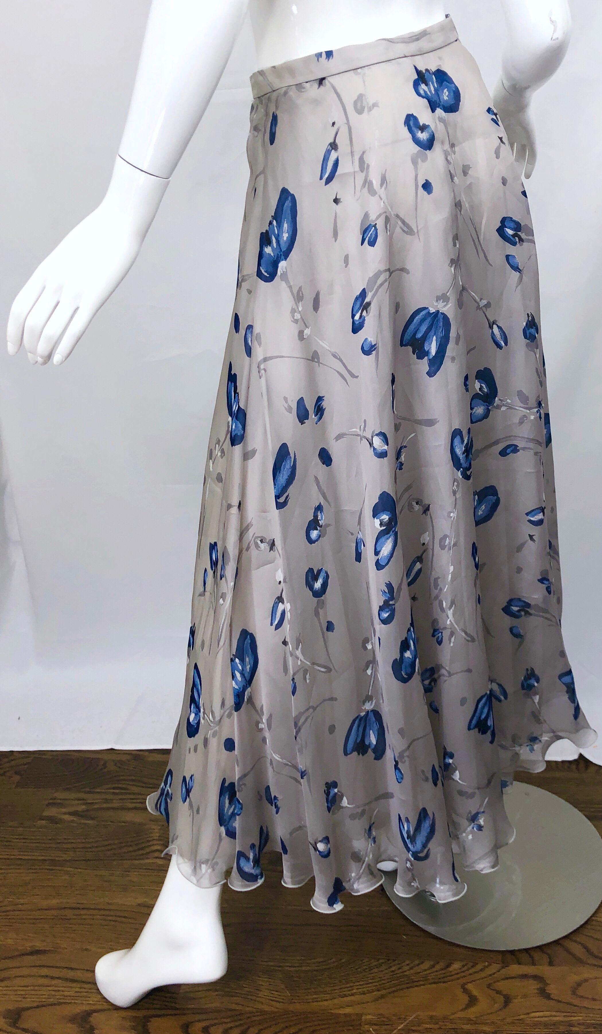 Vintage Giorgio Armani Light Grey + Blue Watercolor Flowers Silk Maxi Skirt In Excellent Condition For Sale In San Diego, CA