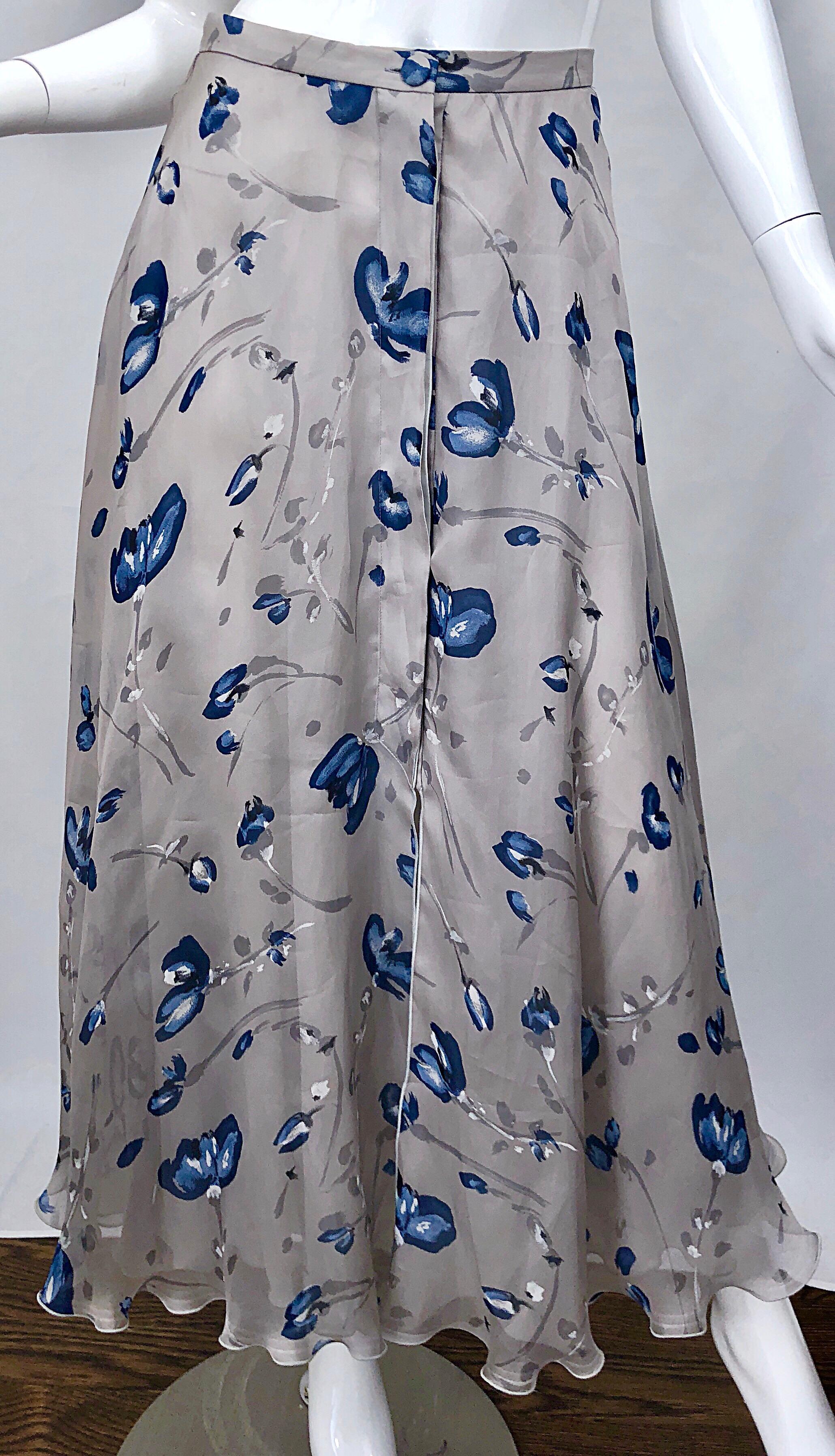 Vintage Giorgio Armani Light Grey + Blue Watercolor Flowers Silk Maxi Skirt For Sale 1