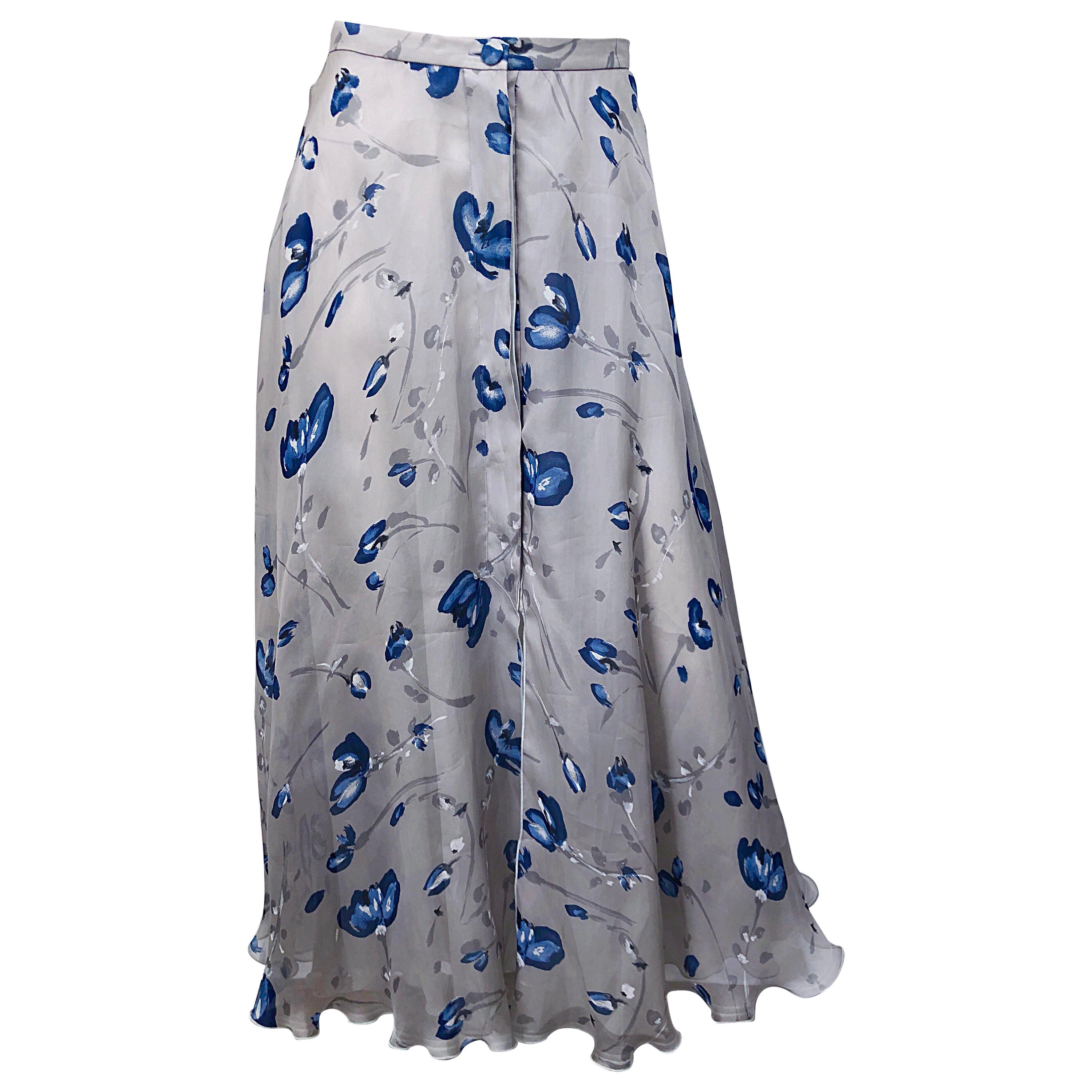 Vintage Giorgio Armani Gris claro + Azul Flores de acuarela Maxifalda de seda