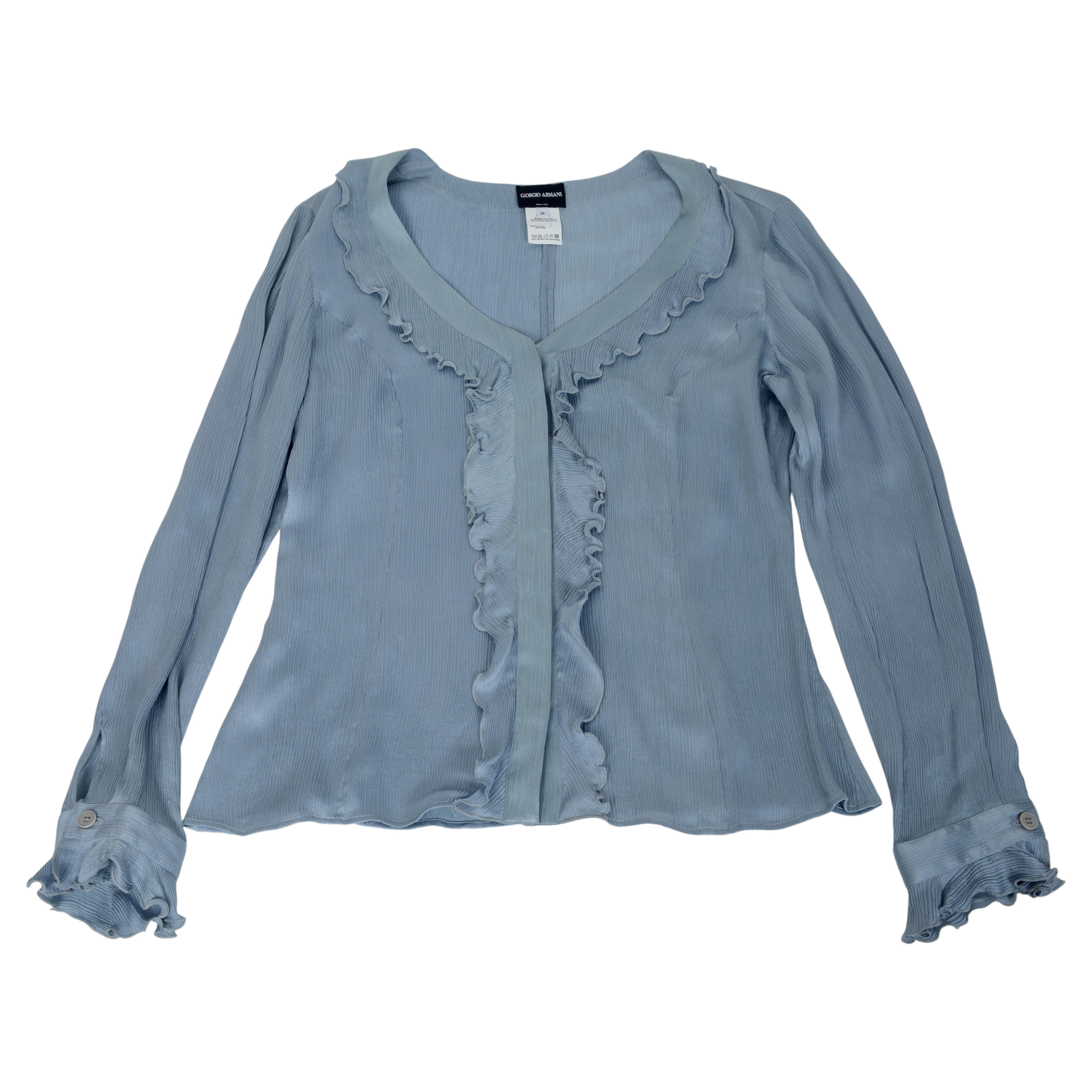 Vintage Giorgio Armani Seidenbluse mit gerüschtem Kragen, Vorderseite und Manschetten