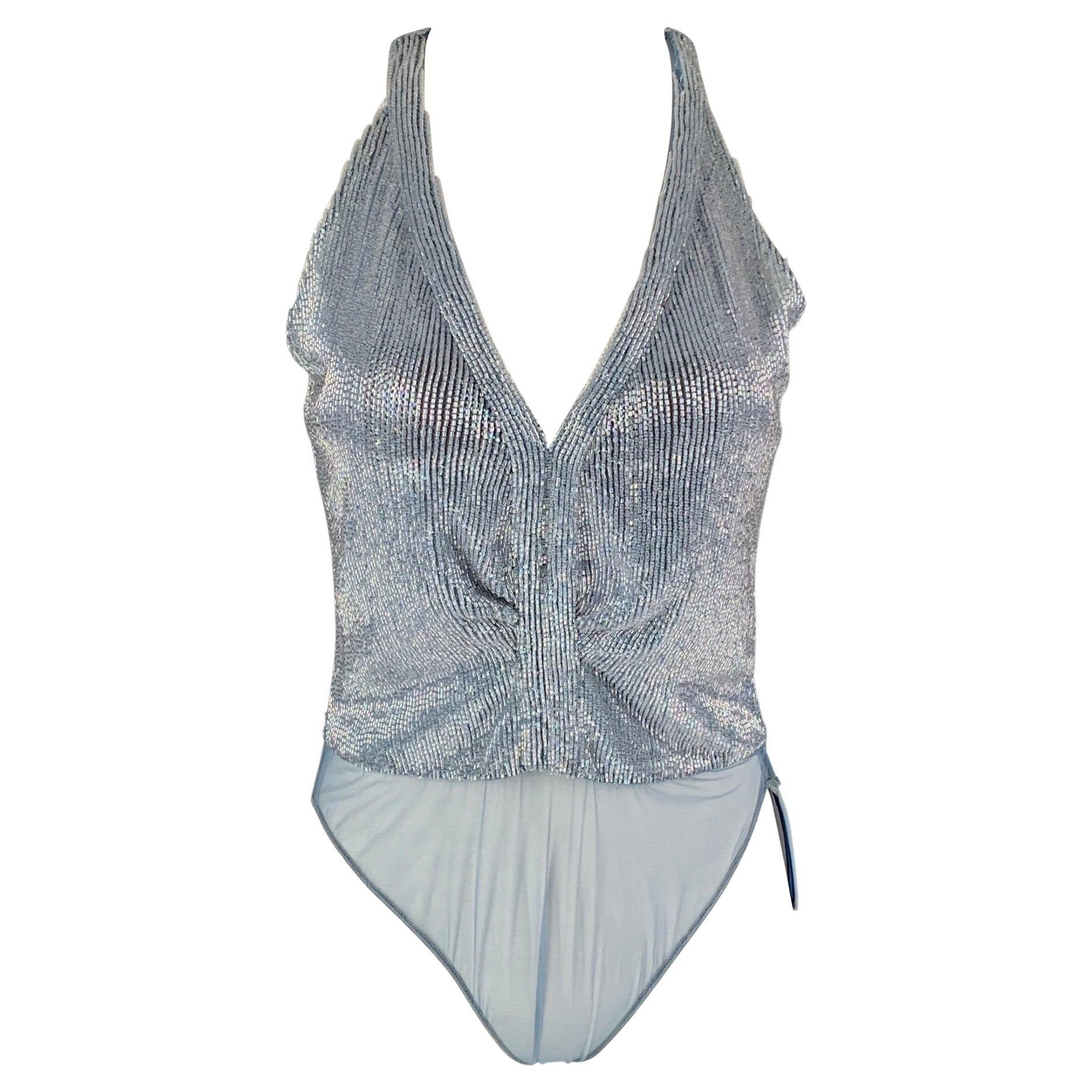 Vintage GIORGIO ARMANI Größe M Hellblau Perlen Body Anzug Kleid Top