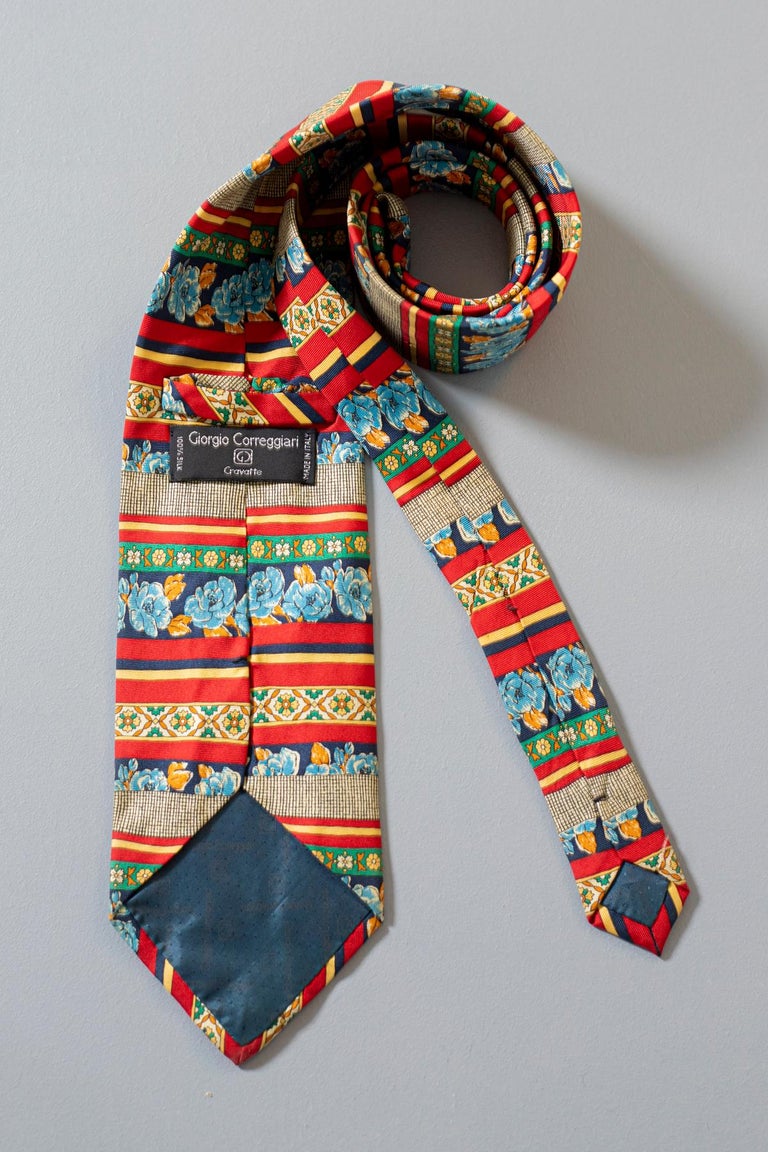 Vintage Giorgio Corregiari all-silk tie with flowers and geometric shapes  For Sale at 1stDibs