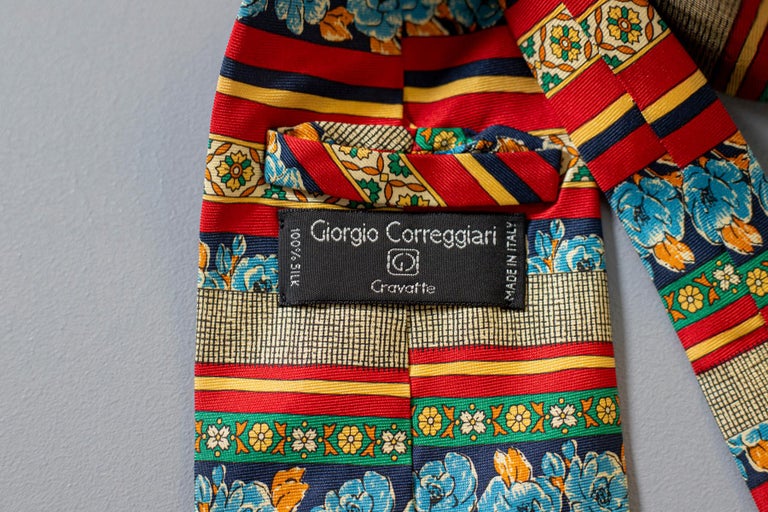 Vintage Giorgio Corregiari all-silk tie with flowers and geometric shapes  For Sale at 1stDibs