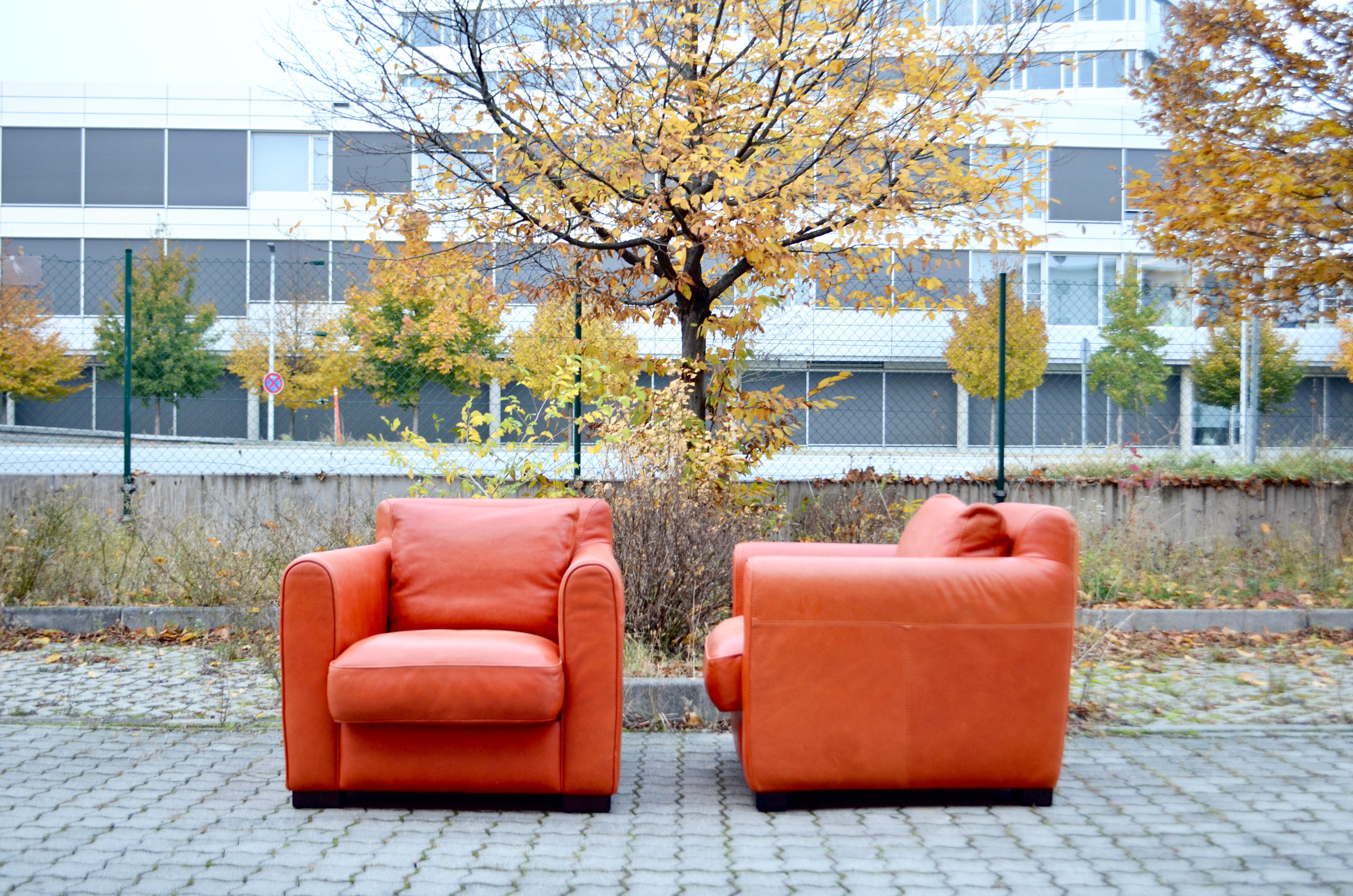 This club lounge armchair were manufactured by Giovanni SFORZA Collection.
It is upholstered in stunning brandy cognac soft aniline leather. 
Beautiful condition
They feature black wooden feet, loose cushions filled with polyurethane foam and