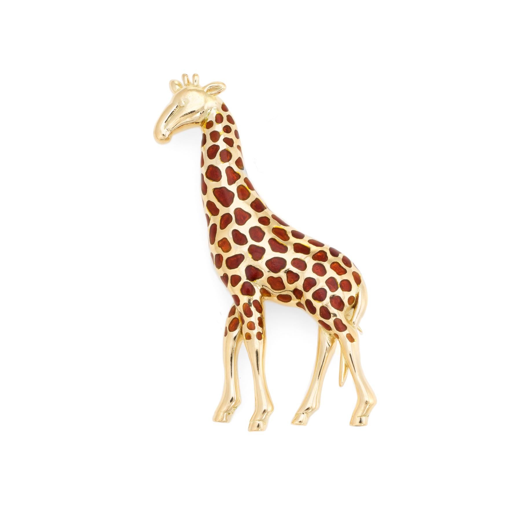 Modern Vintage Giraffe Brooch 18k Yellow Gold Pin Animal Jewelry Estate Fine Enamel