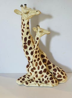 Vintage Giraffe with Baby Resting Handpainted Sculpture