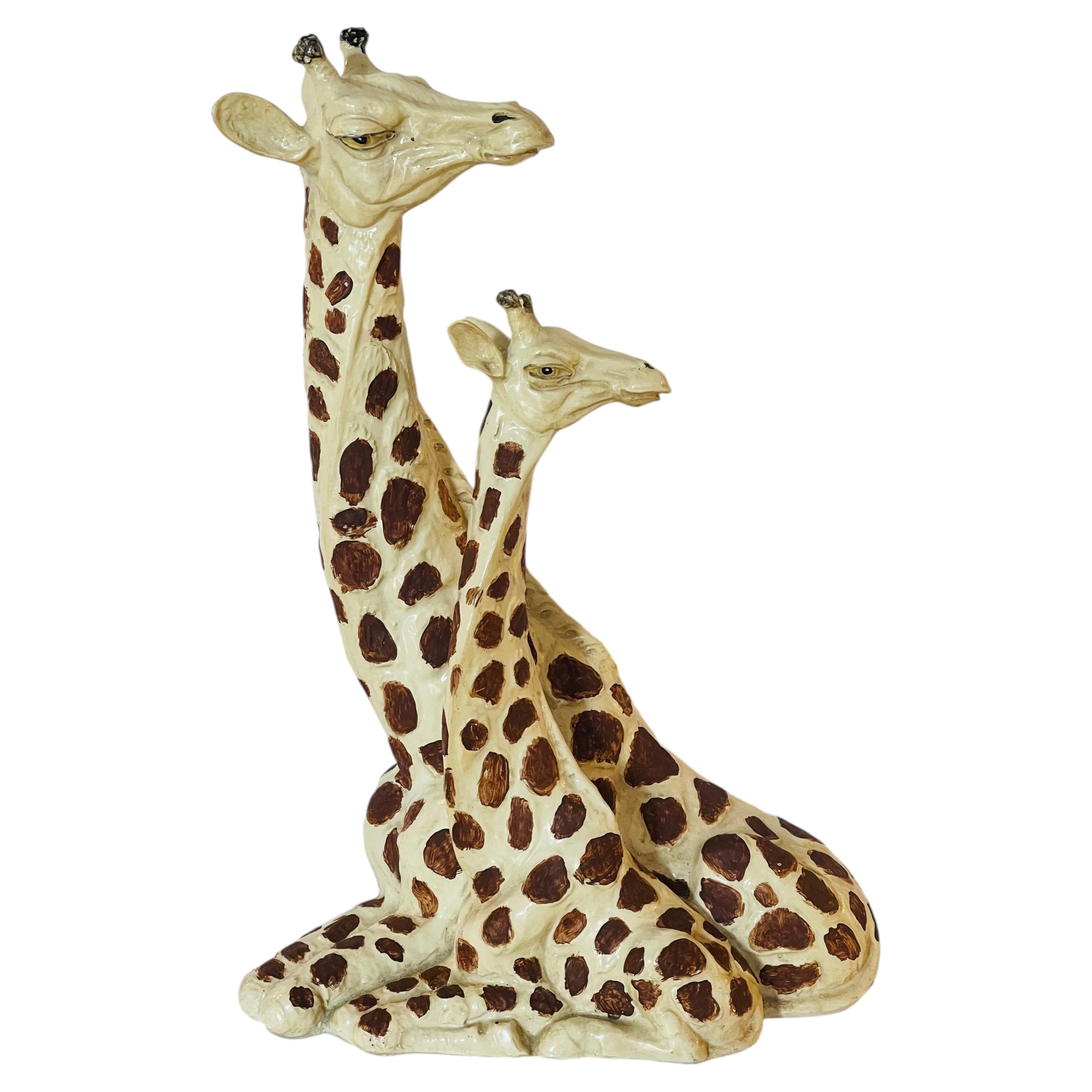 Vintage Giraffe with Baby Resting Handpainted Sculpture
