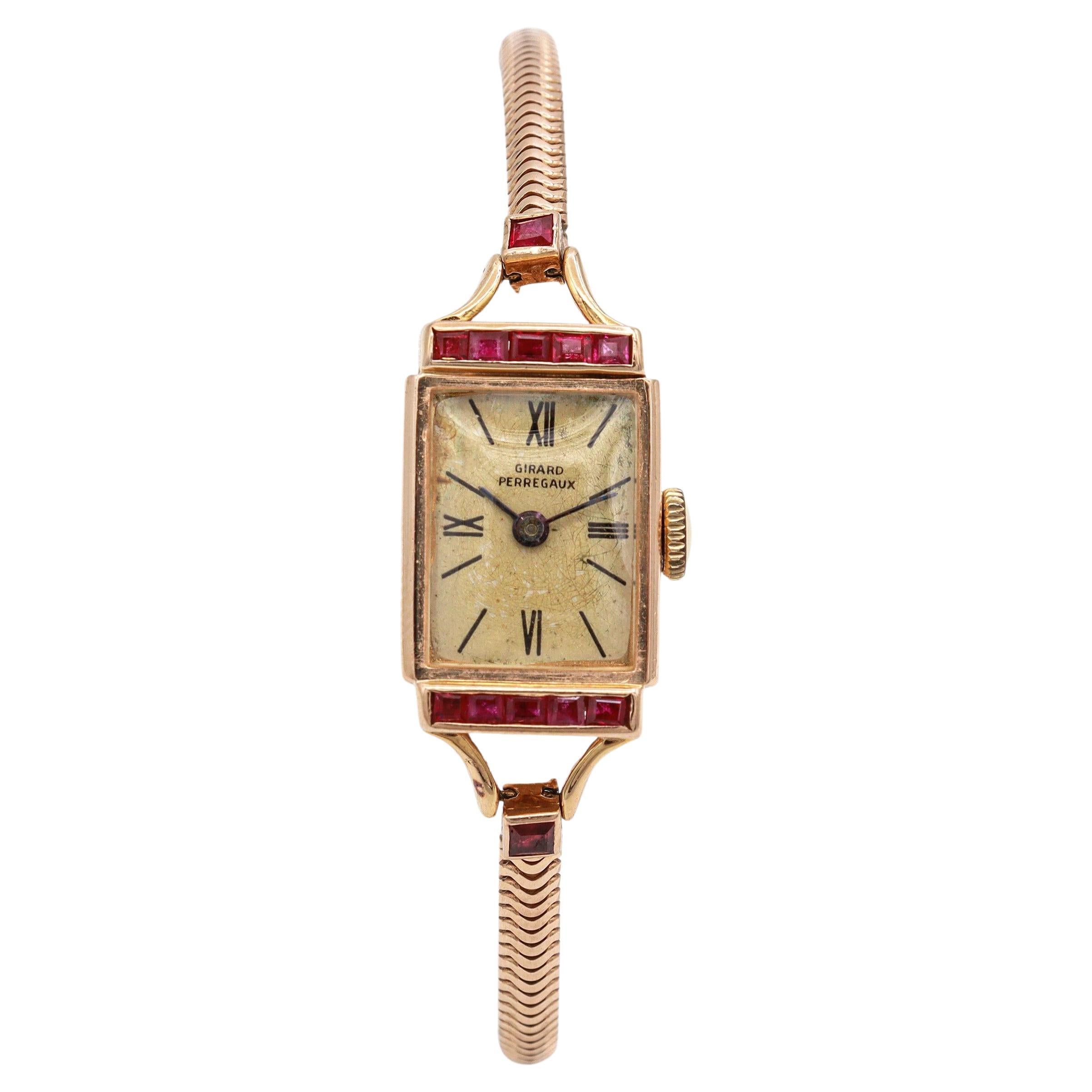 Vintage Girard Perregaux 14k Yellow Gold Ruby Hand Wind Women
s Cocktail Watch en venta