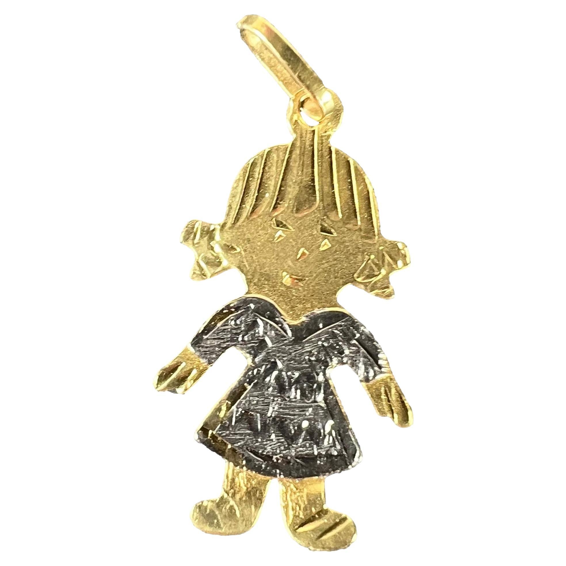 Pendentif Vintage Girl Doll en or blanc jaune 18K avec breloque