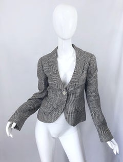 Vintage Giorgio Armani Talla 10 Marrón Azul Marfil Pata de gallo 90s Chaqueta Blazer