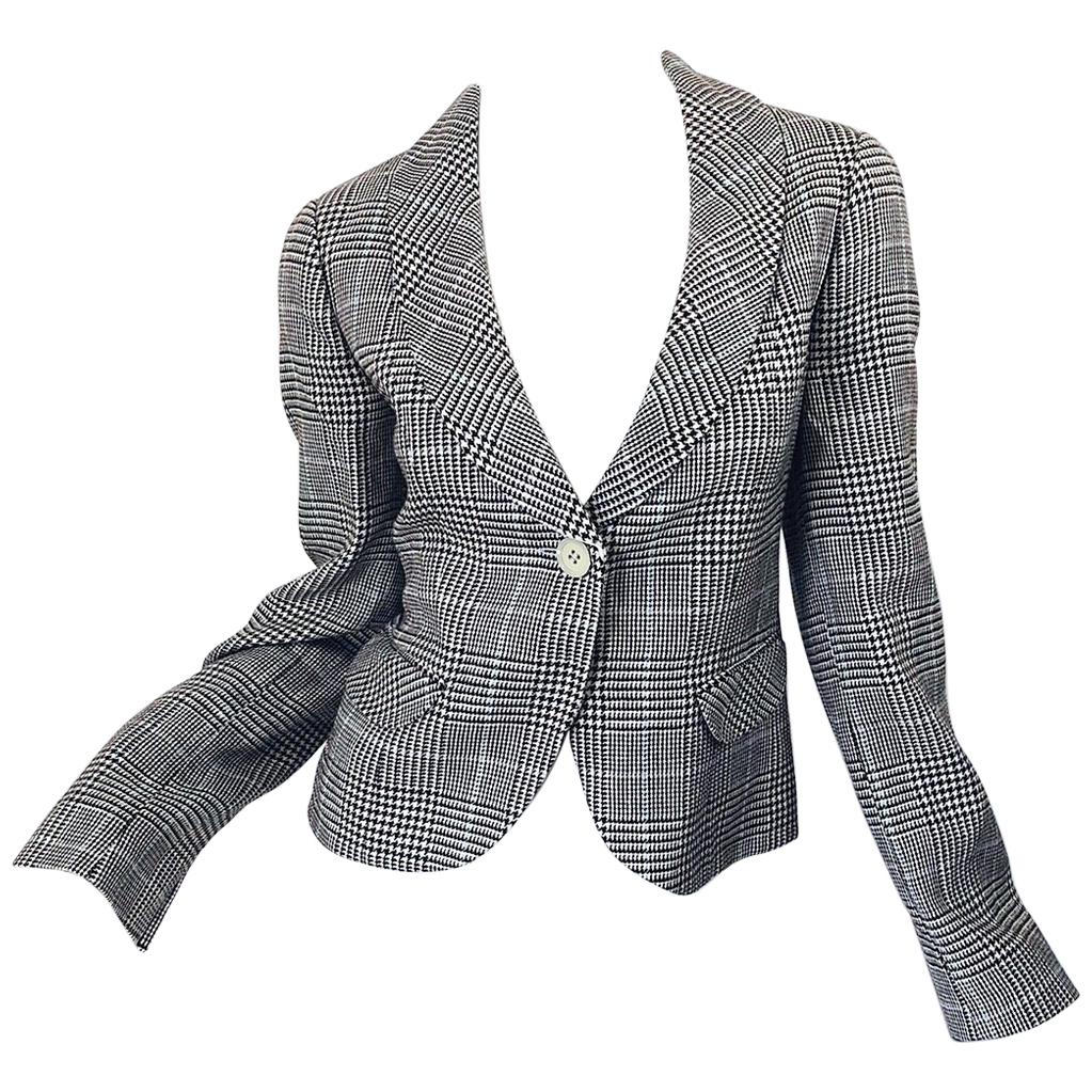 Vintage Giorgio Armani Size 10 Brown Blue Ivory Houndstooth 90s Blazer Jacket For Sale